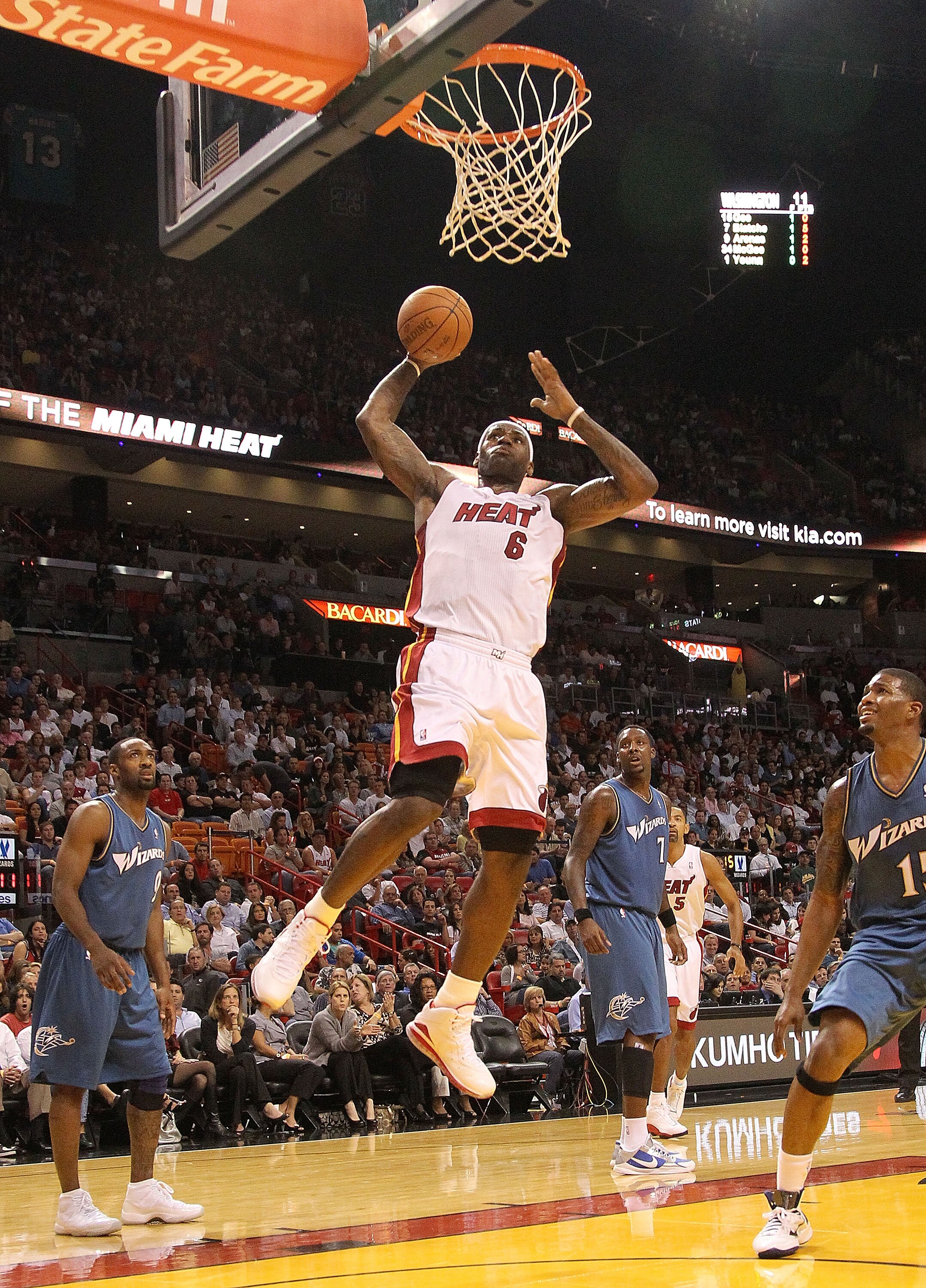 MIAMI, FL - NOVEMBER 29:  LeBron James #6 of the Miami Heat shoots during a game against the Washington Wizards at American Airlines Arena on November 29, 2010 in Miami, Florida. NOTE TO USER: User expressly acknowledges and agrees that, by downloading an