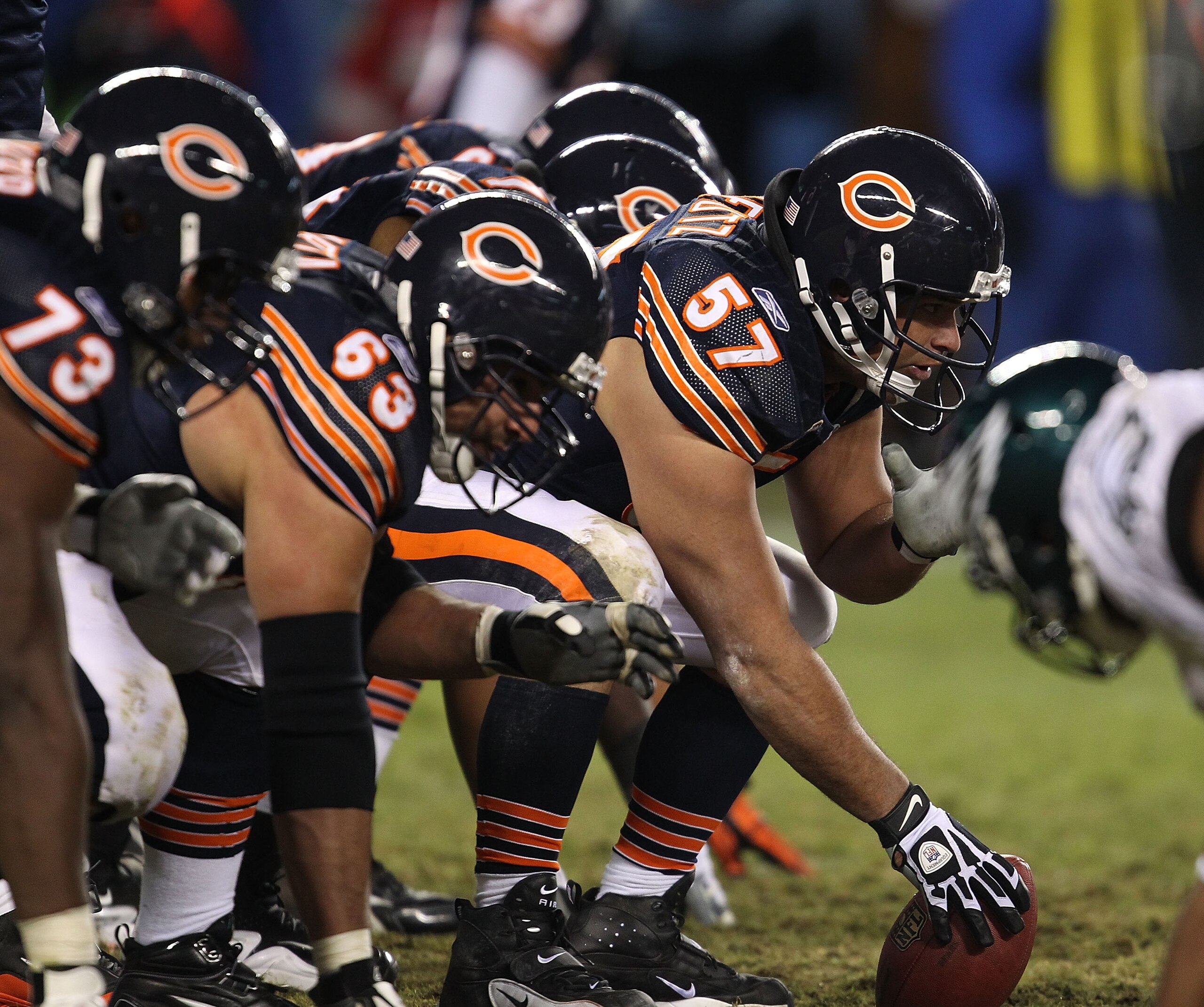 CHICAGO - NOVEMBER 28: (L-R) J'Marcus Webb #73 and Roberto Garza #63 of the Chicago Bears await the snap of Olin Kreutz #57 against the Philadelphia Eagles at Soldier Field on November 28, 2010 in Chicago, Illinois. The Bears defeated the Eagles 31-26. (P CHICAGO - NOVEMBER 28: (L-R) J'Marcus Webb #73 and Roberto Garza #63 of the Chicago Bears await the snap of Olin Kreutz #57 against the Philadelphia Eagles at Soldier Field on November 28, 2010 in Chicago, Illinois. The Bears defeated the Eagles 31-26. (P