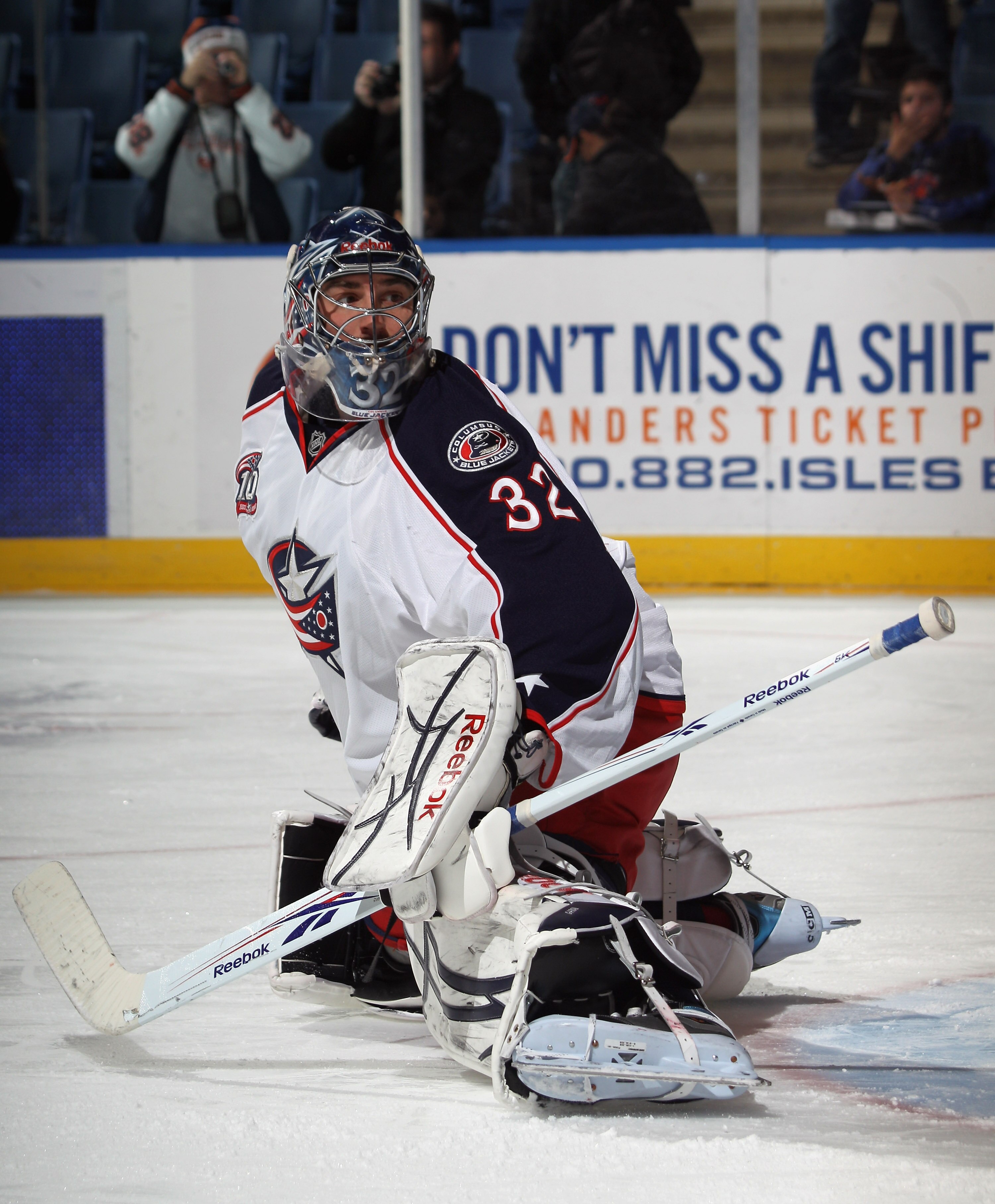 UNIONDALE, NY - NOVEMBER 24:  Mathieu Garon #32 of the Columbus Blue Jackets skates in warmups prior to the game against the New York Islanders at the Nassau Coliseum on November 24, 2010 in Uniondale, New York.  (Photo by Bruce Bennett/Getty Images)