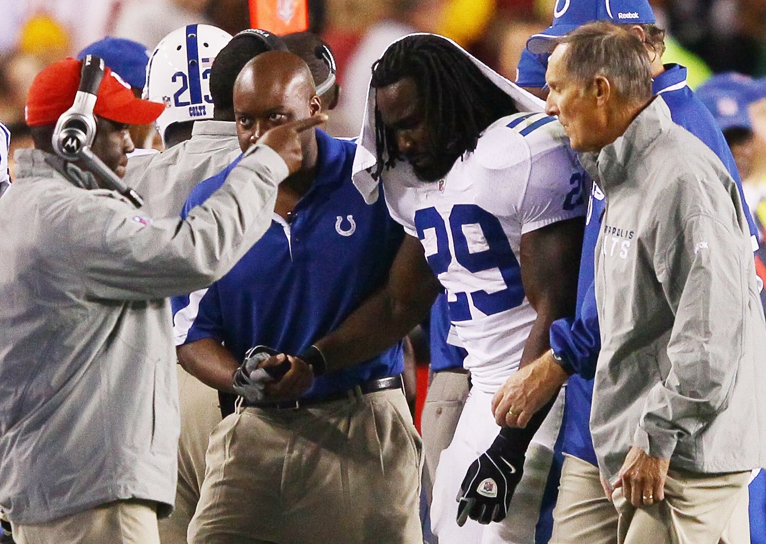 LANDOVER, MD - OCTOBER 17:  Running back Joseph Addai #29 of the Indianapolis Colts is helped off the field after being injured against the Washington Redskins at FedEx Field on October 17, 2010 in Landover, Maryland. The Colts won the game 27-24.  (Photo