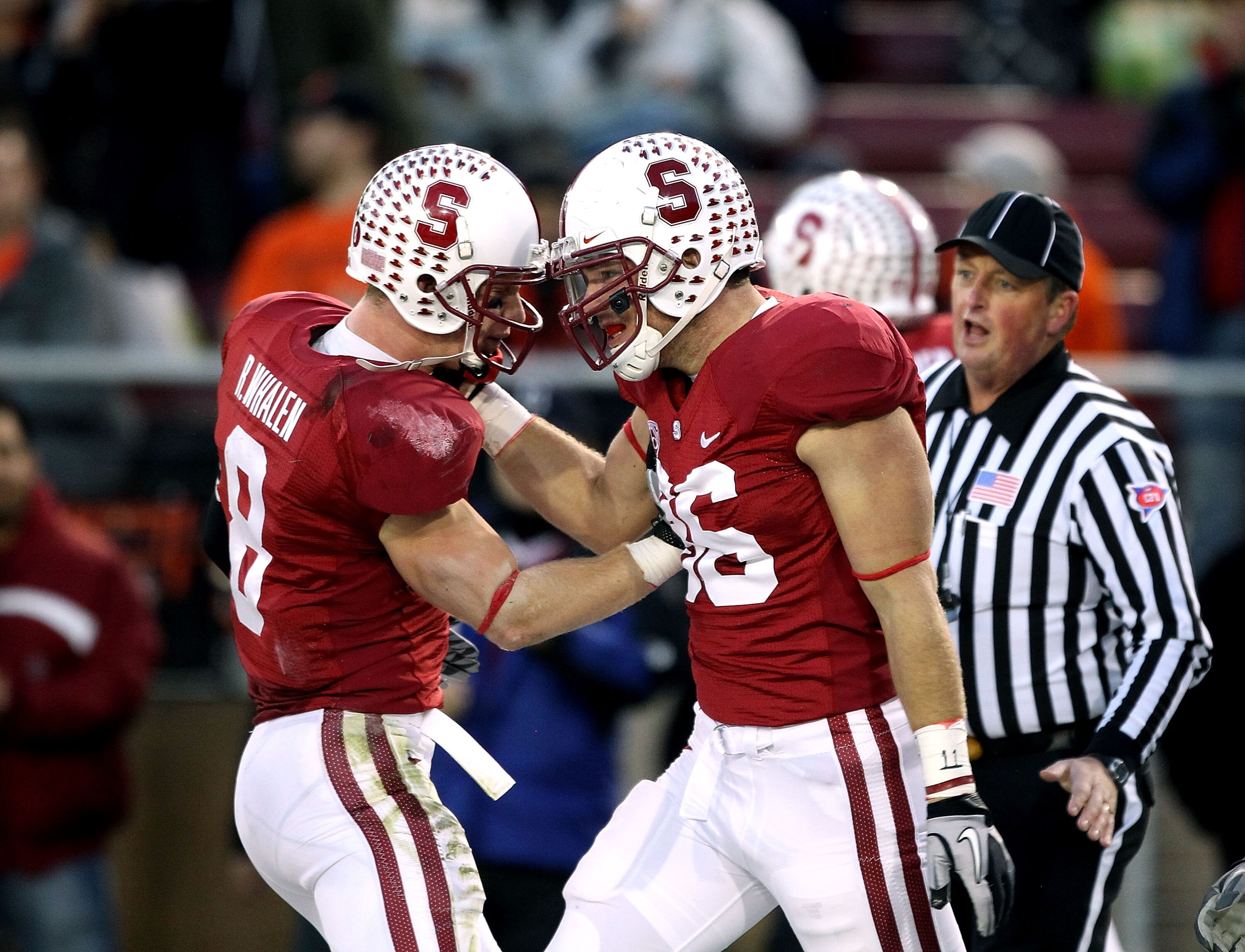 PALO ALTO, CA - NOVEMBER 27:  Zach Ertz#86 of the Stanford Cardinal is congratulated by Ryan Whalen #8 after he scored a touchdown against the Oregon State Beavers at Stanford Stadium on November 27, 2010 in Palo Alto, California.  (Photo by Ezra Shaw/Get