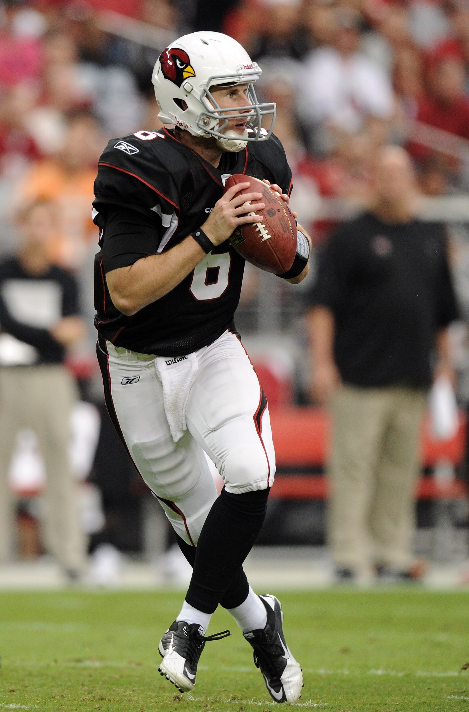 GLENDALE, AZ - OCTOBER 31:  Max Hall #6 of the Arizona Cardinals drops back to pass against the Tampa Bay Buccaneers during the first quarter at University of Phoenix Stadium on October 31, 2010 in Glendale, Arizona.  (Photo by Harry How/Getty Images)