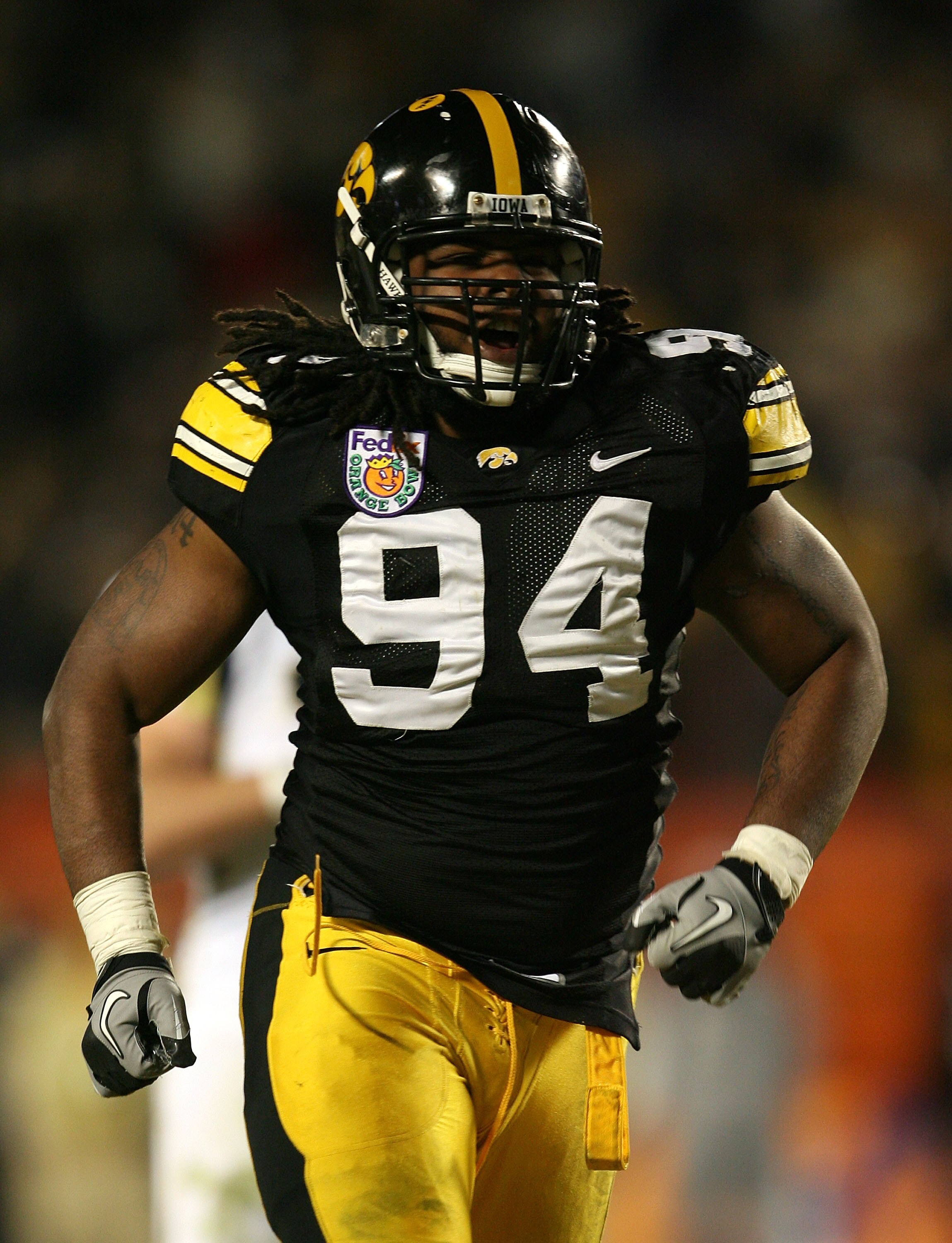MIAMI GARDENS, FL - JANUARY 05:  Adrian Clayborn #94 of the Iowa Hawkeyes reacts against the Georgia Tech Yellow Jackets during the FedEx Orange Bowl at Land Shark Stadium on January 5, 2010 in Miami Gardens, Florida.  (Photo by Doug Benc/Getty Images)