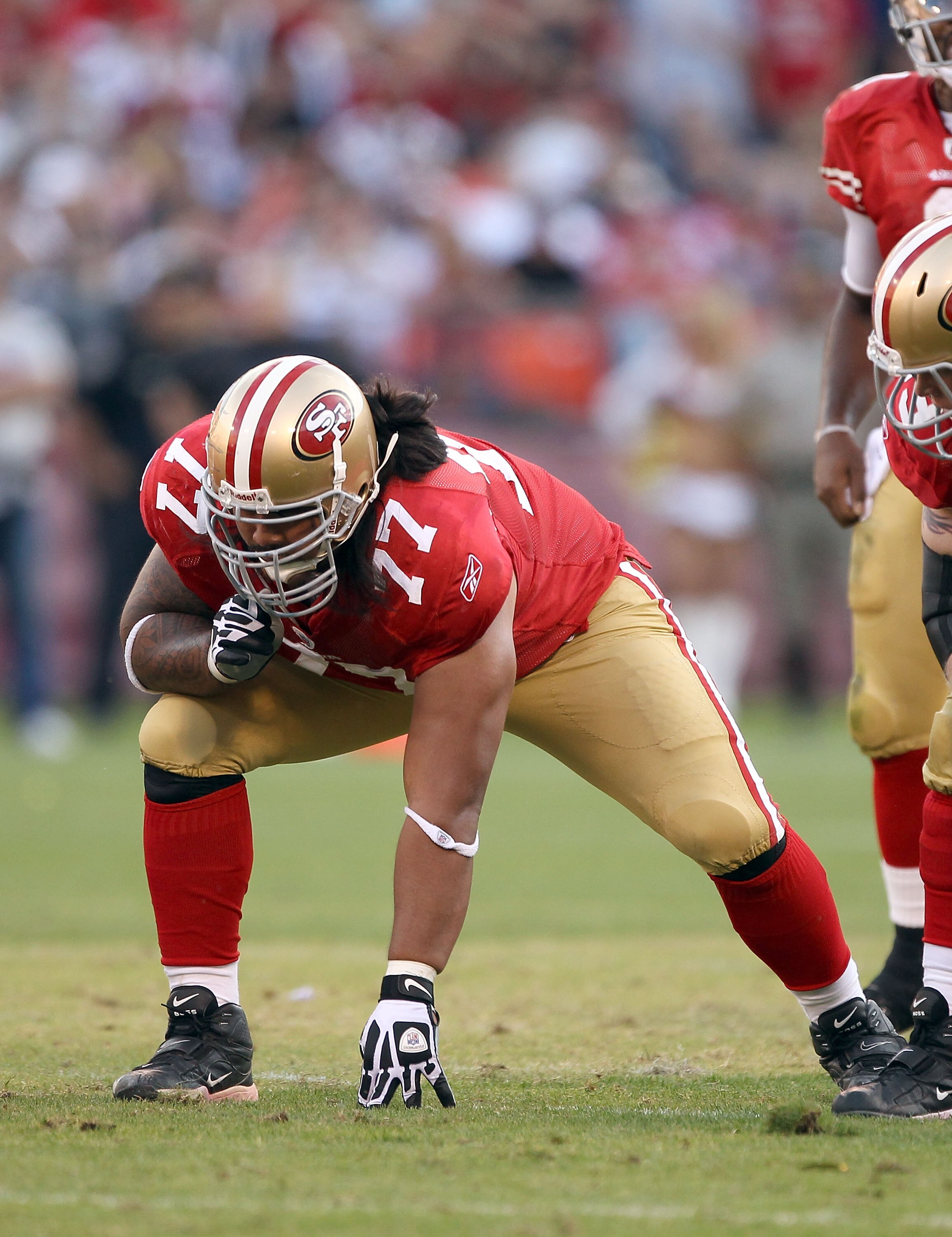 SAN FRANCISCO - NOVEMBER 14:  Mike Iupati #77 of the San Francisco 49ers in action against the St. Louis Rams at Candlestick Park on November 14, 2010 in San Francisco, California.  (Photo by Ezra Shaw/Getty Images)