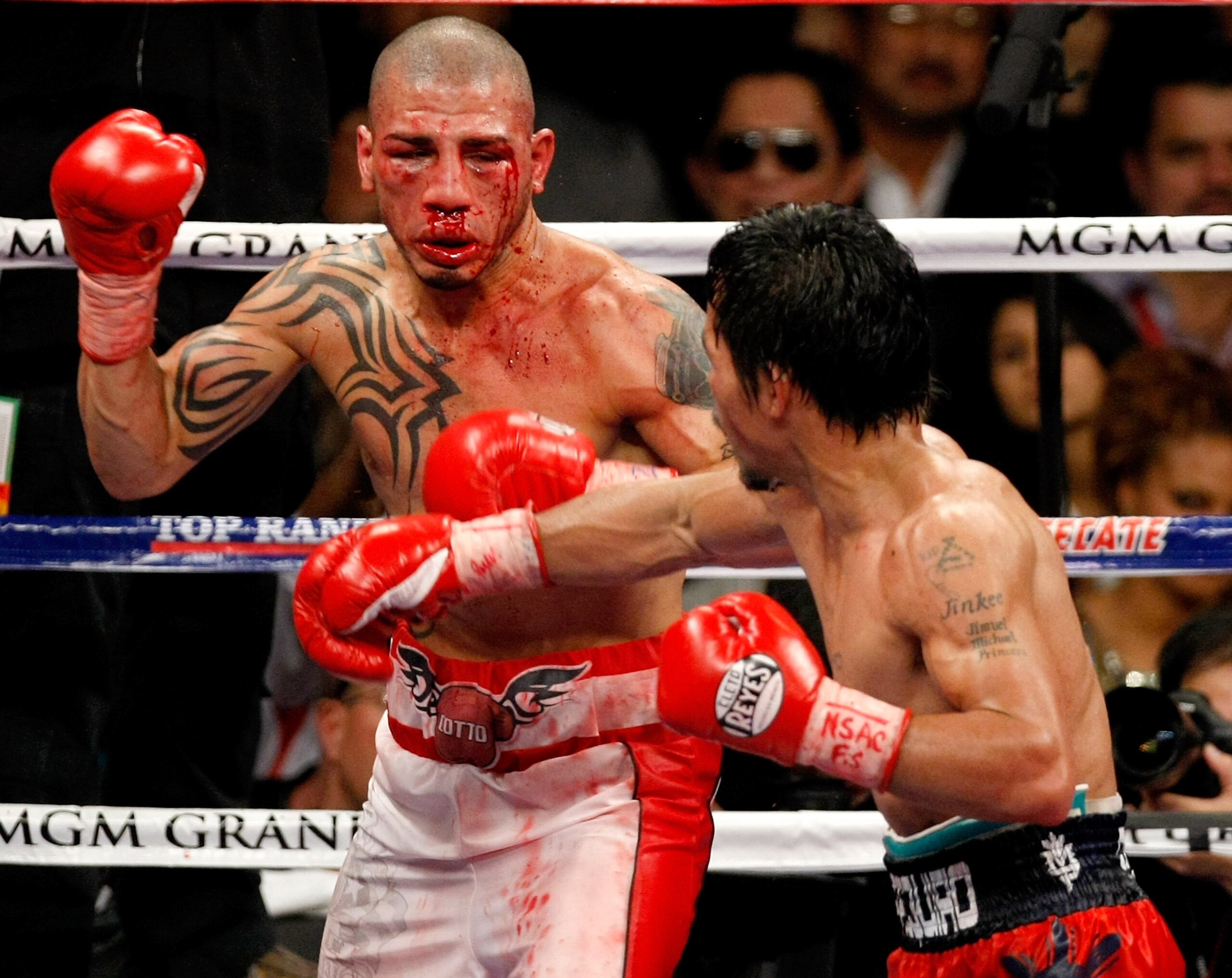 LAS VEGAS - NOVEMBER 14: A bloodied Miguel Cotto (L) and Manny Pacquiao battle during the 11th round of their WBO welterweight title fight at the MGM Grand Garden Arena on November 14, 2009 in Las Vegas, Nevada. Pacquiao defeated Cotto by TKO in the 12th LAS VEGAS - NOVEMBER 14: A bloodied Miguel Cotto (L) and Manny Pacquiao battle during the 11th round of their WBO welterweight title fight at the MGM Grand Garden Arena on November 14, 2009 in Las Vegas, Nevada. Pacquiao defeated Cotto by TKO in the 12th