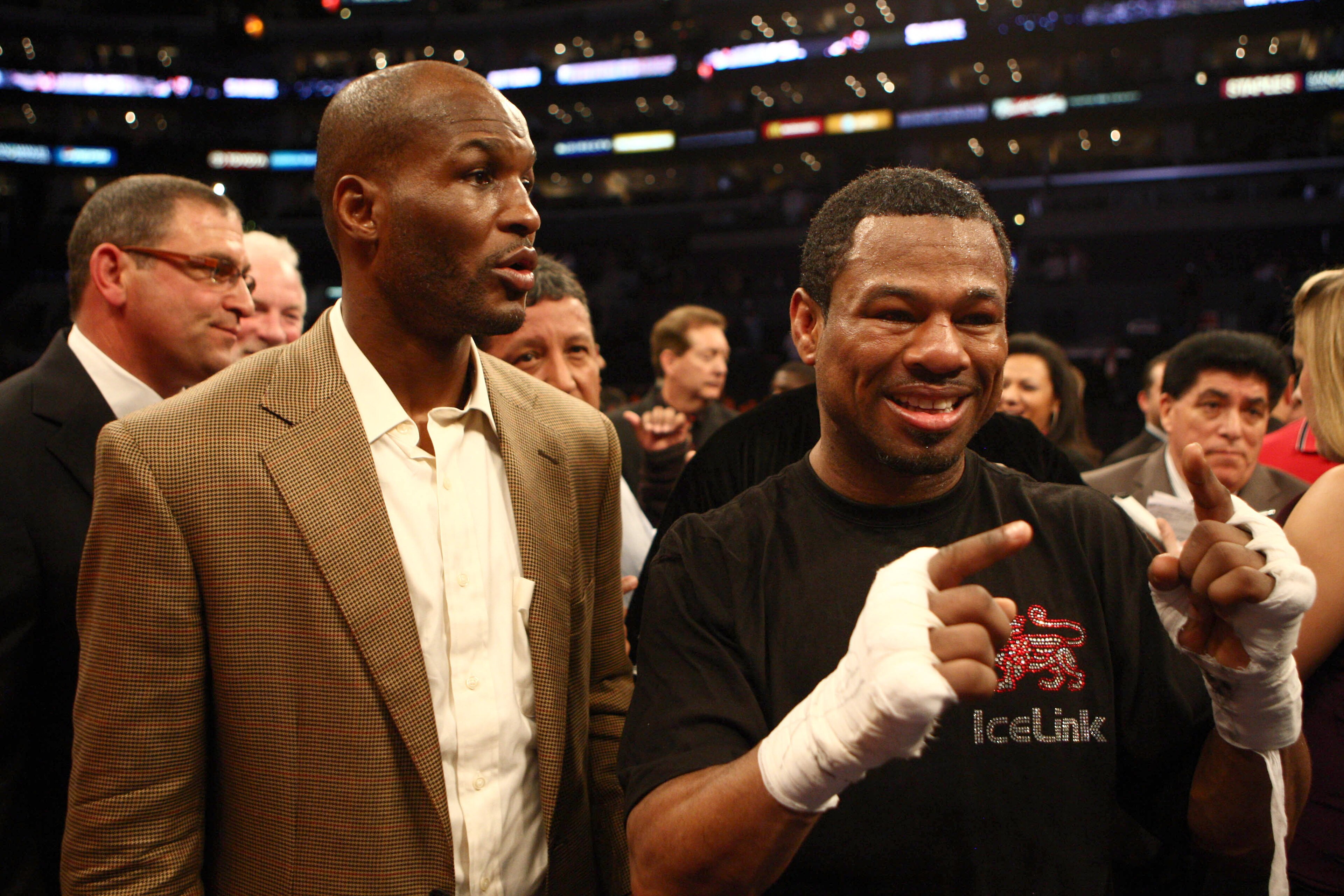 LOS ANGELES - JANUARY 24: Shane Mosley stands with Bernard Hopkins after his ninth round TKO of Antonio Margarito after his corner threw in the towel during their WBA welterweight title fight on January 24, 2009 at the Staples Center in Los Angeles, Cali LOS ANGELES - JANUARY 24: Shane Mosley stands with Bernard Hopkins after his ninth round TKO of Antonio Margarito after his corner threw in the towel during their WBA welterweight title fight on January 24, 2009 at the Staples Center in Los Angeles, Cali