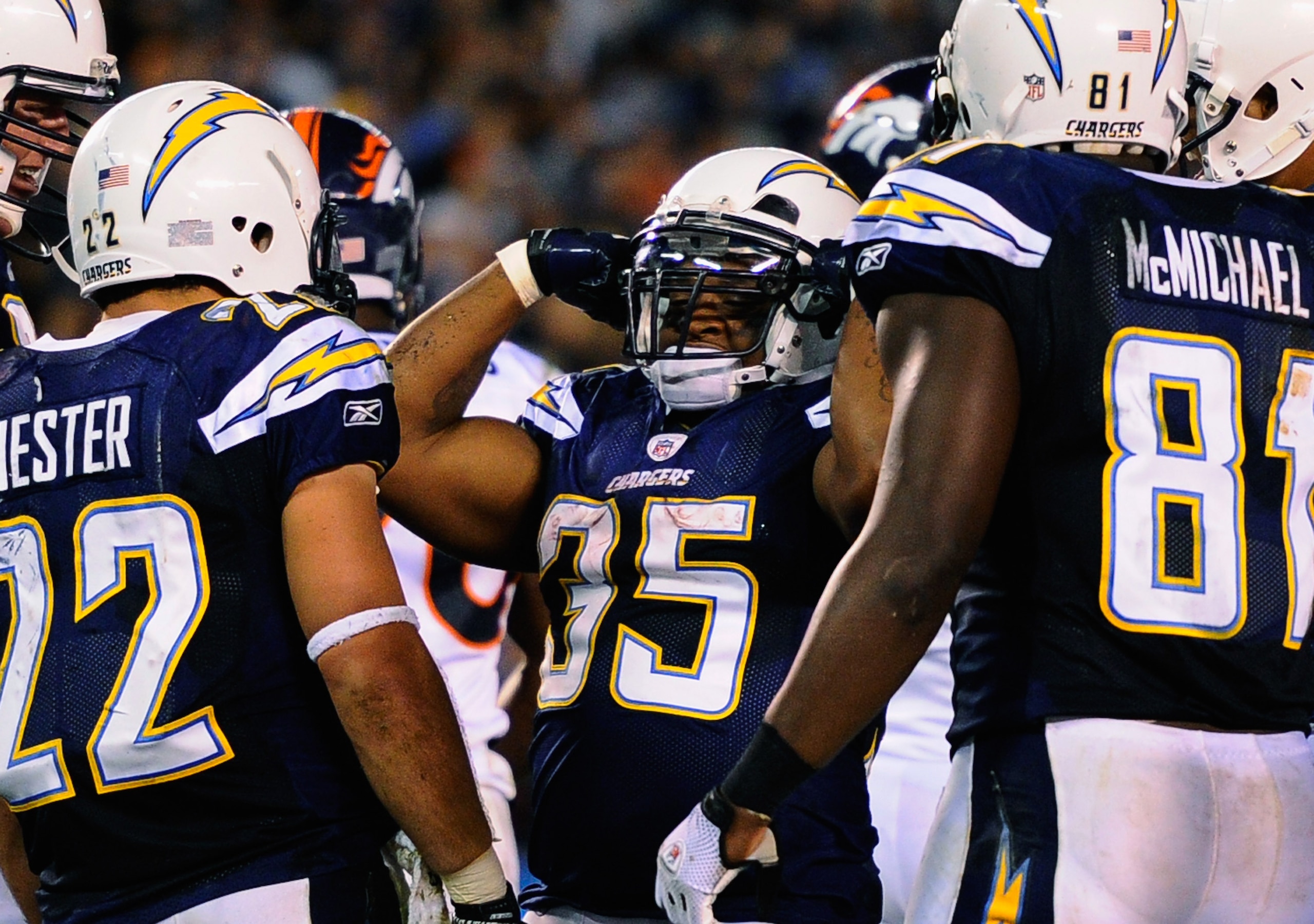 SAN DIEGO - NOVEMBER 22:  Mike Tolbert #35 of the San Diego Chargers celebrates his touchdwon against  the Denver Broncos at Qualcomm Stadium on November 22, 2010 in San Diego, California.  (Photo by Kevork Djansezian/Getty Images)