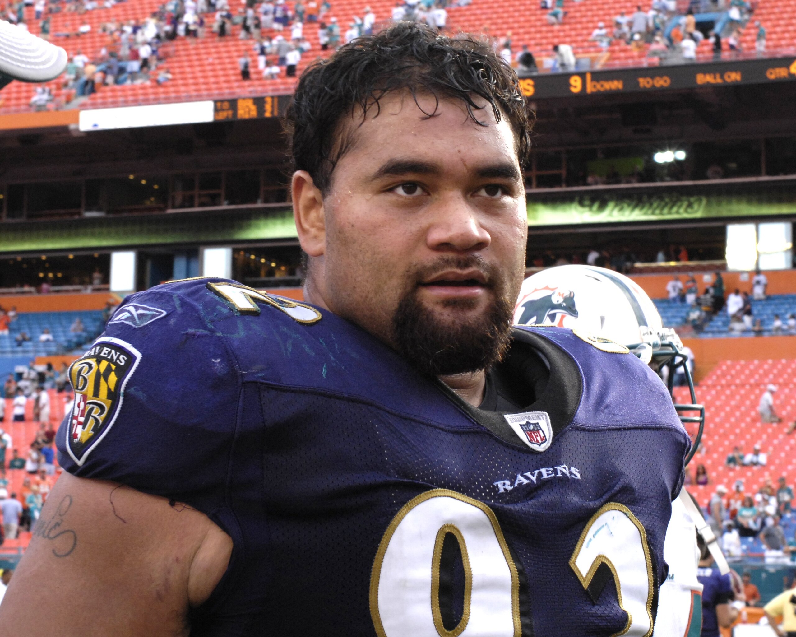 MIAMI, FL - JANUARY 4:  Nose tackle Haloti Ngata #92 of the Baltimore Ravens leaves the field after play against the Miami Dolphins in an NFL Wildcard Playoff Game at Dolphins Stadium on January 4, 2009 in Miami, Florida.  (Photo by Al Messerschmidt/Getty