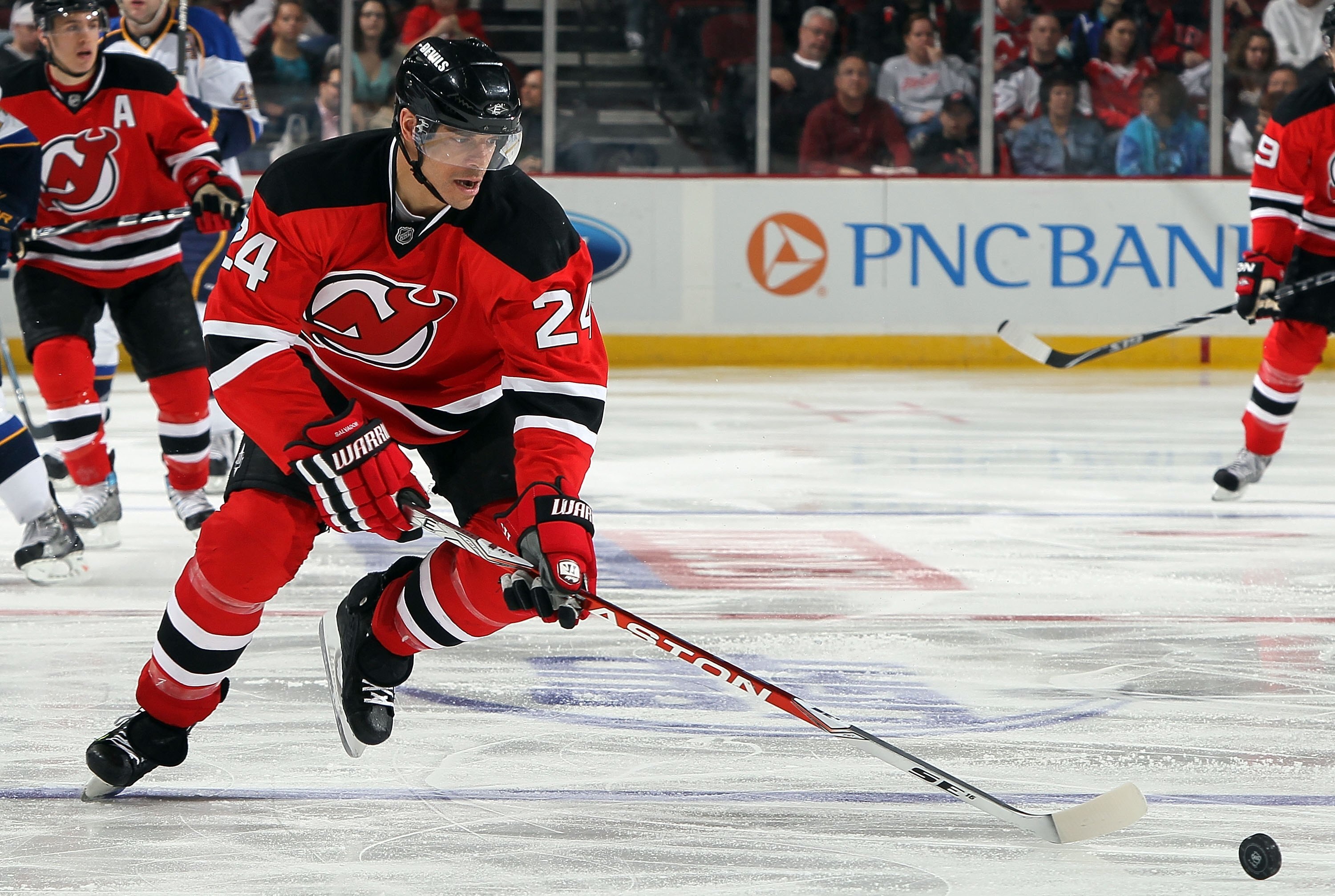 NEWARK, NJ - MARCH 20:  Bryce Salvador #24 of the New Jersey Devils skates against the St. Louis Blues at the Prudential Center on March 20, 2010 in Newark, New Jersey. The Blues defeated the Devils 1-0.  (Photo by Jim McIsaac/Getty Images)