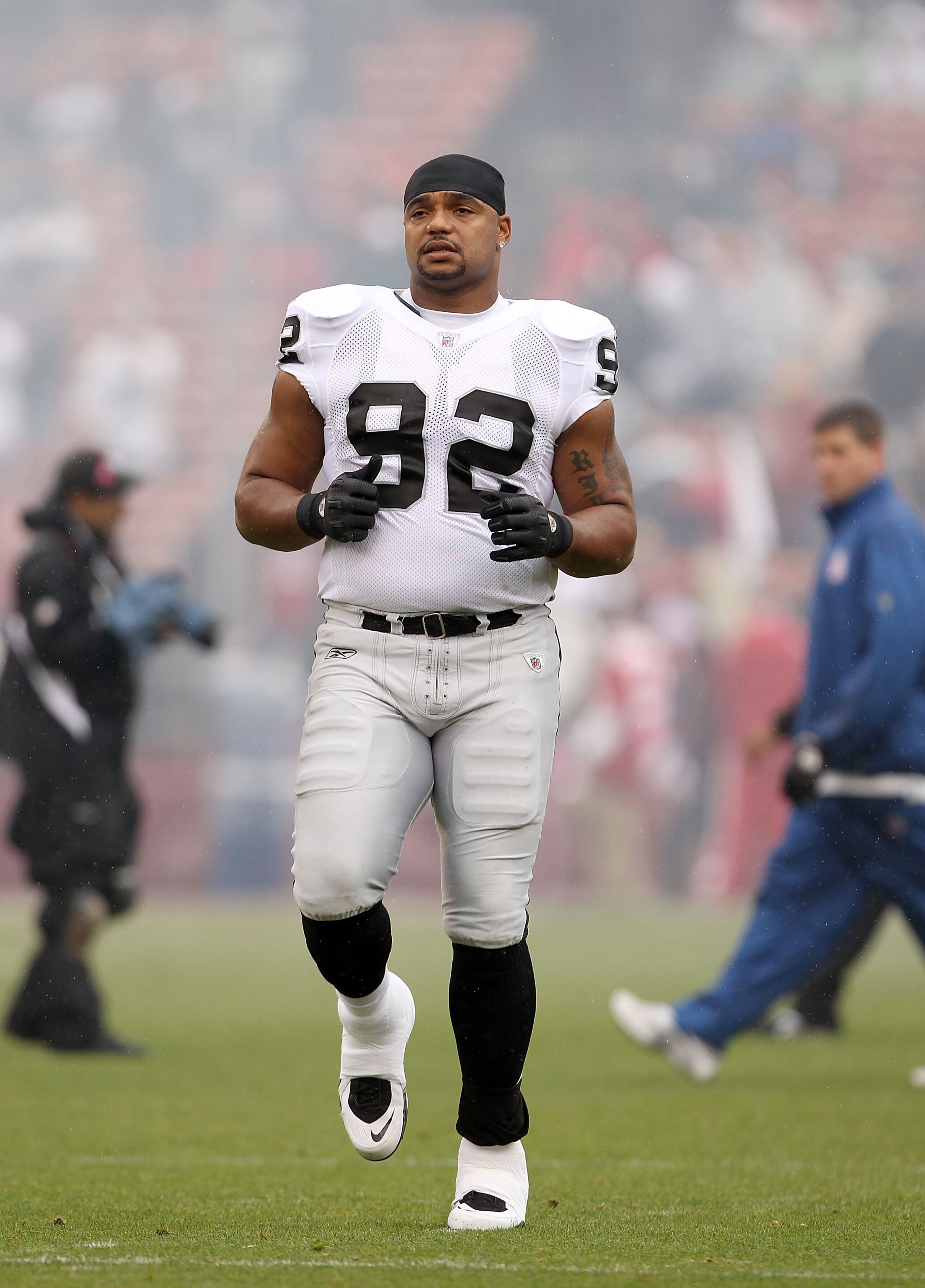 SAN FRANCISCO - OCTOBER 17:  Richard Seymour #92 of the Oakland Raiders warms up before their game against the San Francisco 49ers at Candlestick Park on October 17, 2010 in San Francisco, California.  (Photo by Ezra Shaw/Getty Images)