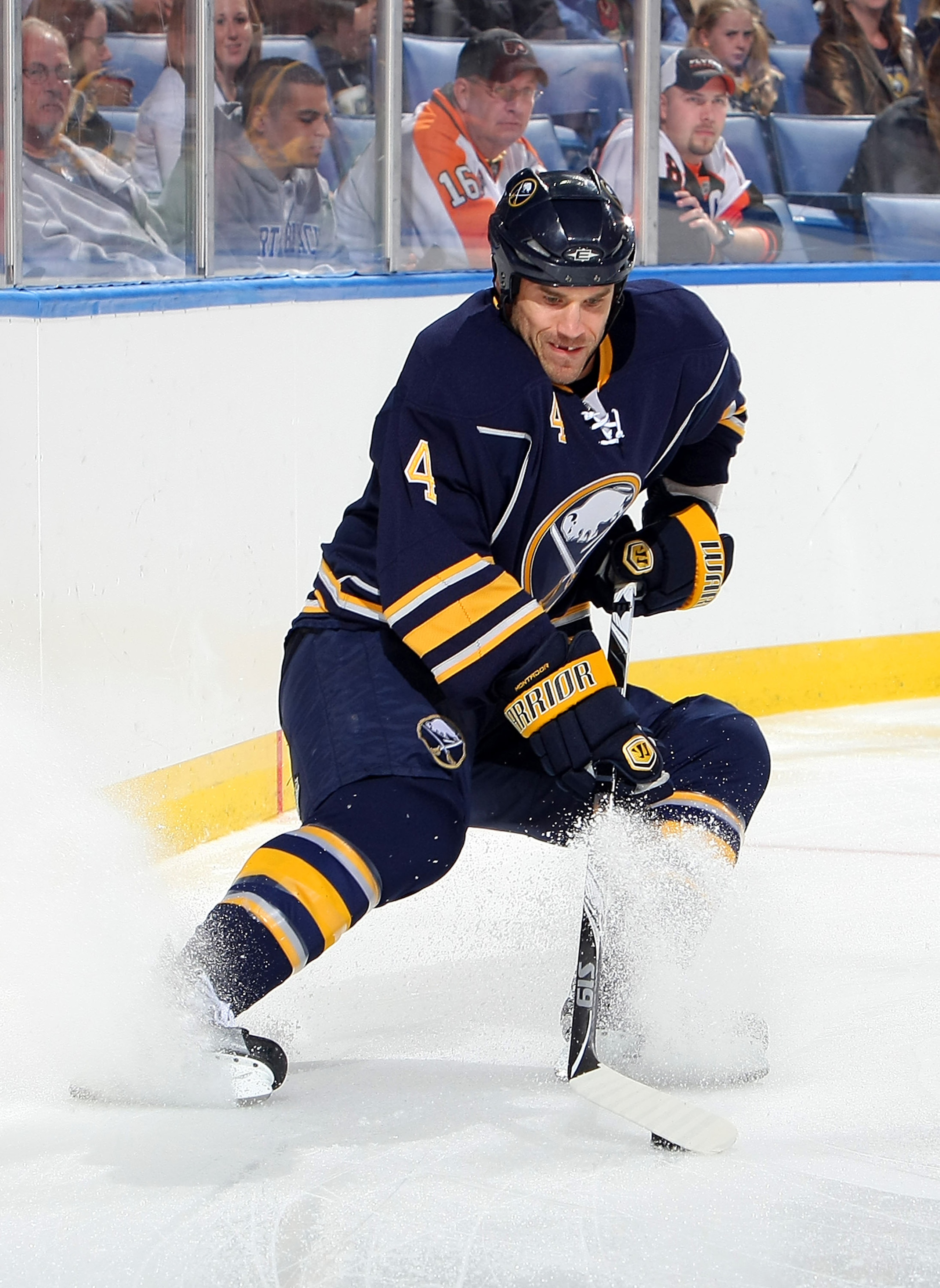 BUFFALO - OCTOBER 3:  Steve Montador #4 of the Buffalo Sabres carries the puck against the Philadelphia Flyers during their NHL game at HSBC Arena October 3, 2010 in Buffalo, New York. The Sabres won 9-3. (Photo By Dave Sandford/Getty Images)
