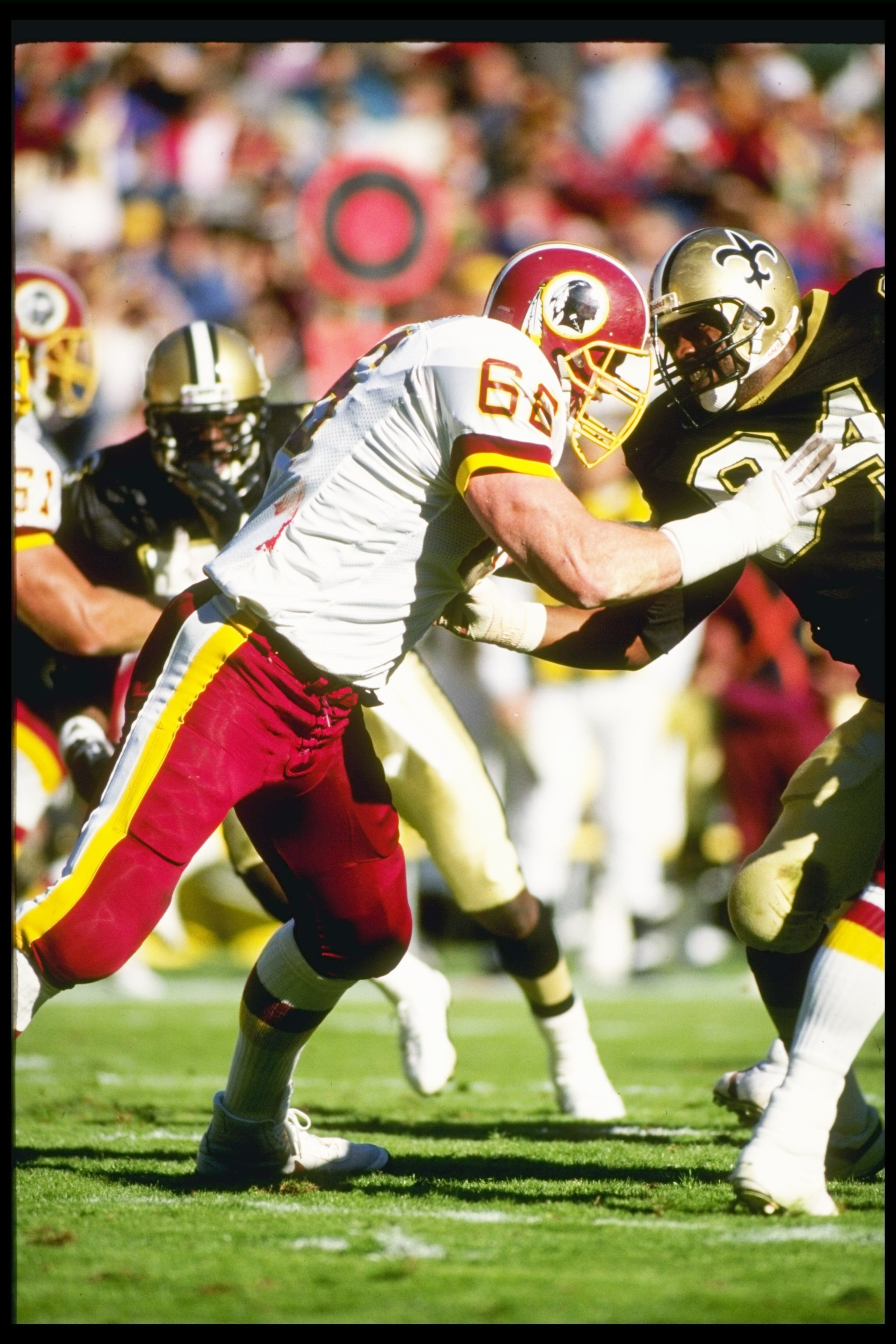 18 Nov 1990:  Offensive lineman Joe Jacoby of the Washington Redskins blocks a New Orleans Saints player during a game at RFK Stadium in Washington, D. C.  The Redskins won the game, 31-17. Mandatory Credit: Jonathan Daniel  /Allsport