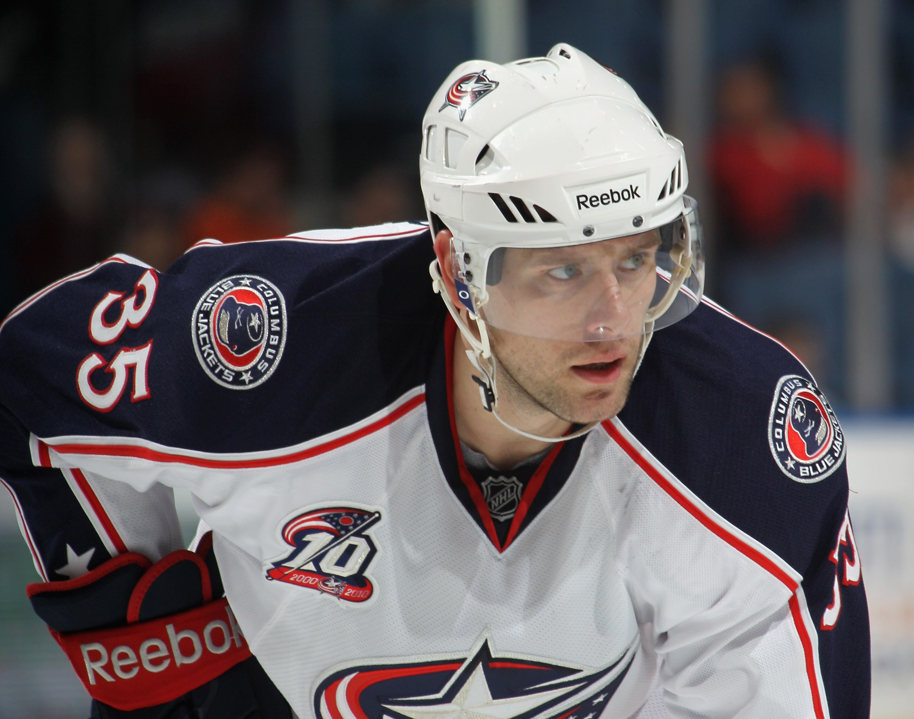 UNIONDALE, NY - NOVEMBER 24:  Jan Hejda #35 of the Columbus Blue Jackets skates against the New York Islanders at the Nassau Coliseum on November 24, 2010 in Uniondale, New York.  (Photo by Bruce Bennett/Getty Images)