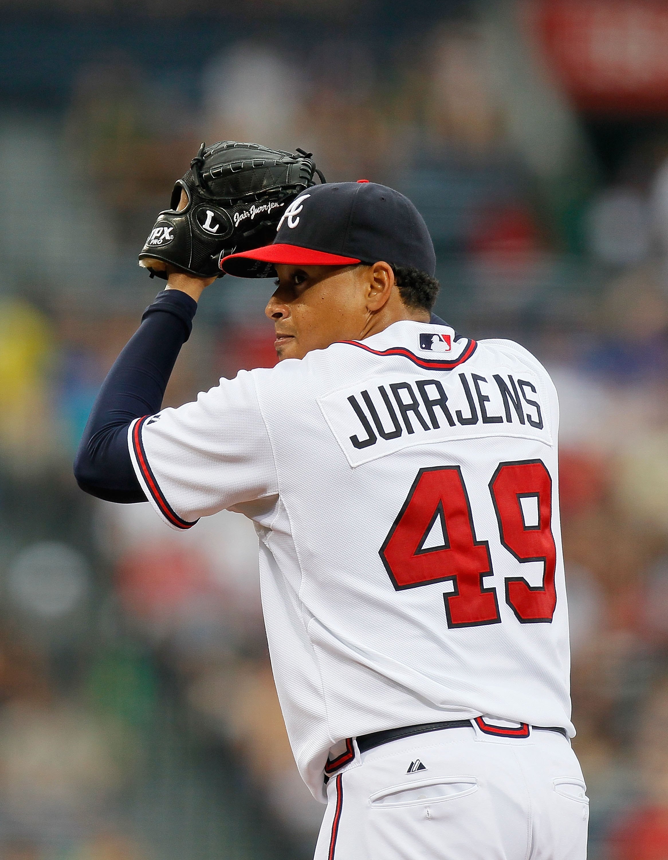 ATLANTA - JUNE 30:  Pitcher Jair Jurrjens #49 of the Atlanta Braves against the Washington Nationals at Turner Field on June 30, 2010 in Atlanta, Georgia.  (Photo by Kevin C. Cox/Getty Images)