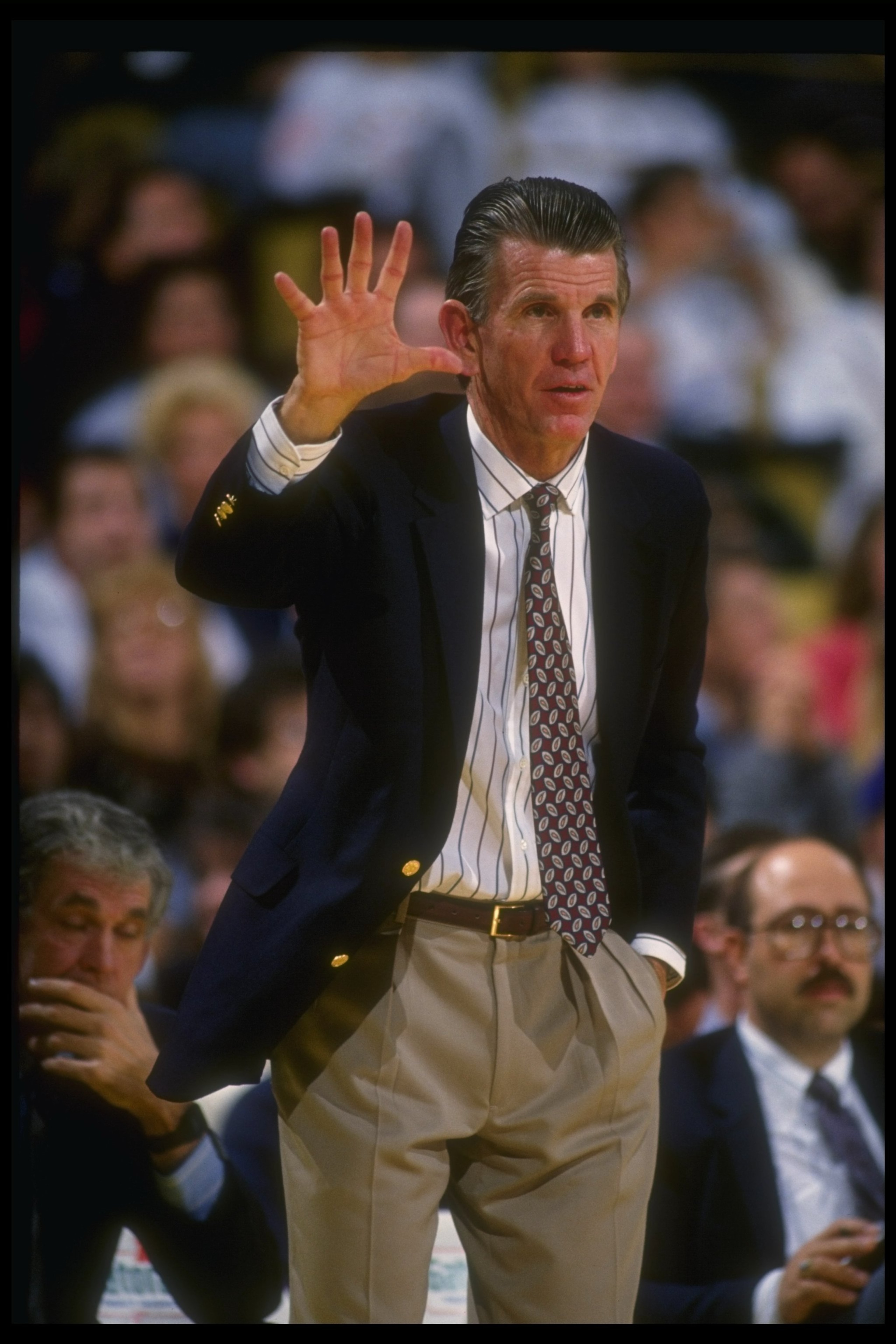 Denver Nuggets head coach Paul Westhead looks on during a game against the Los Angeles Lakers at the great Western Forum in Inglewood, California.