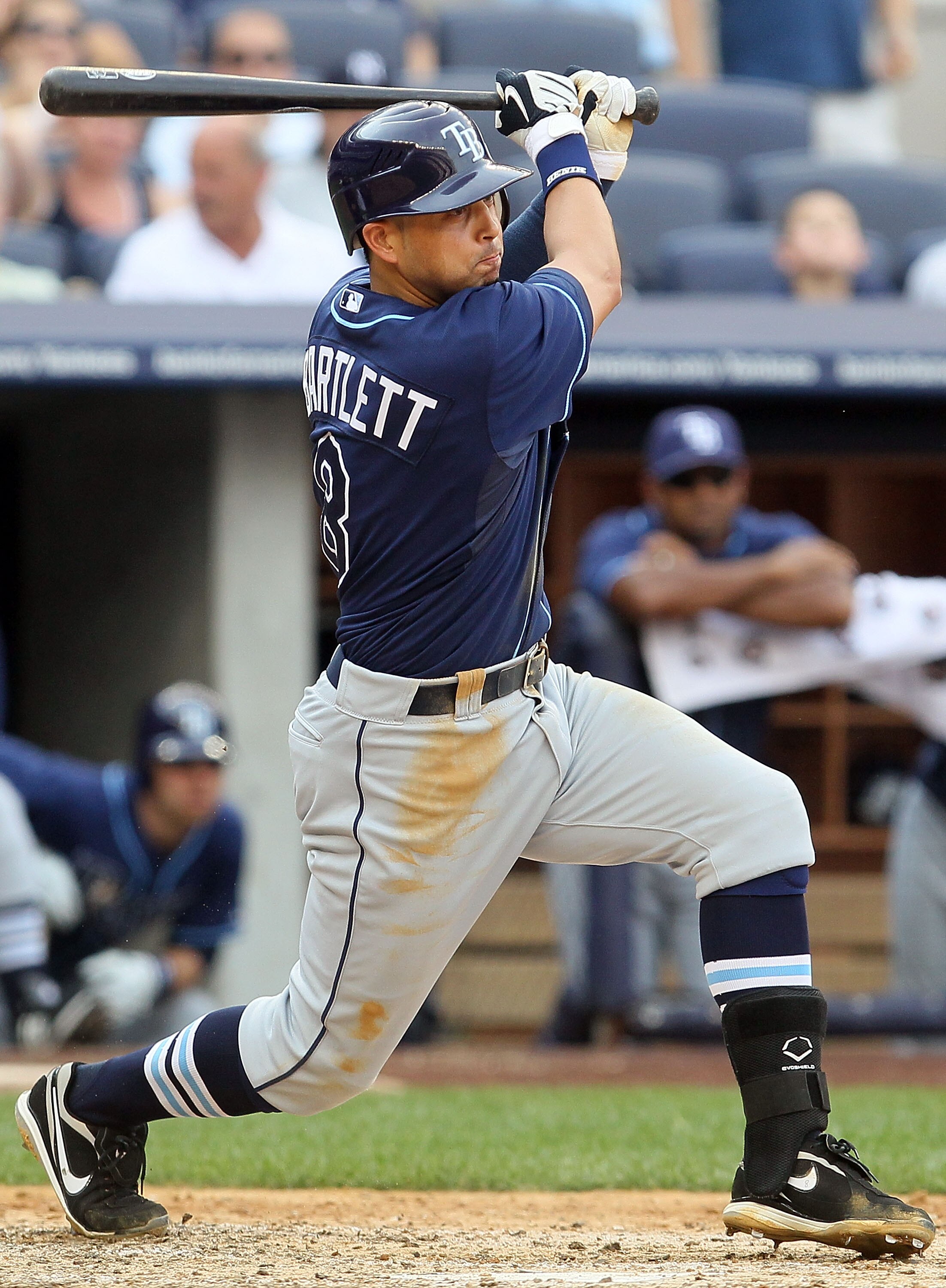 NEW YORK - JULY 17:  Jason Bartlett #8 of the Tampa Bay Rays bats against the New York Yankees on July 17, 2010 at Yankee Stadium in the Bronx borough of New York City.  (Photo by Jim McIsaac/Getty Images)