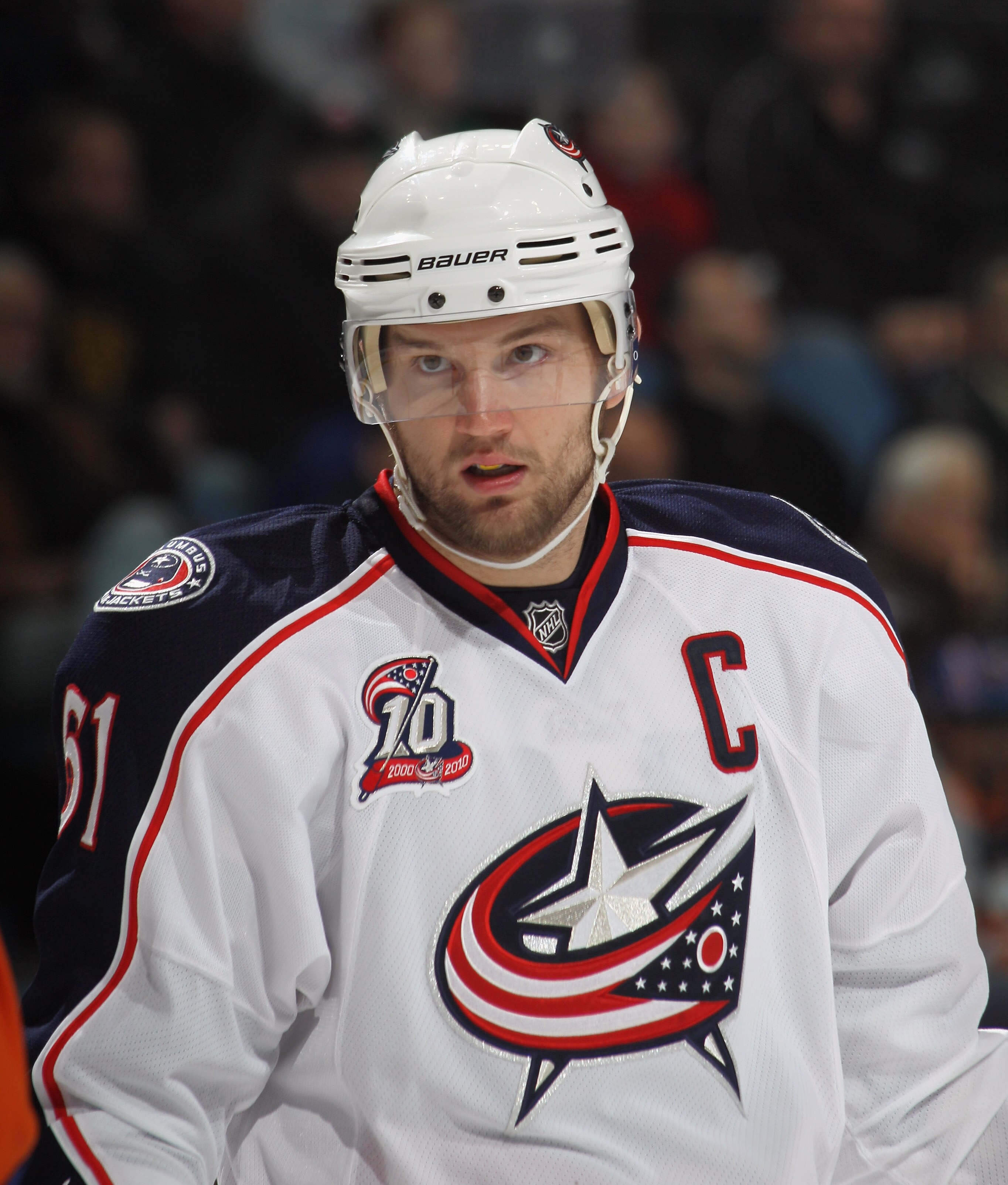 UNIONDALE, NY - NOVEMBER 24:  Rick Hash #61 of the Columbus Blue Jackets skates against the New York Islanders at the Nassau Coliseum on November 24, 2010 in Uniondale, New York.  (Photo by Bruce Bennett/Getty Images)