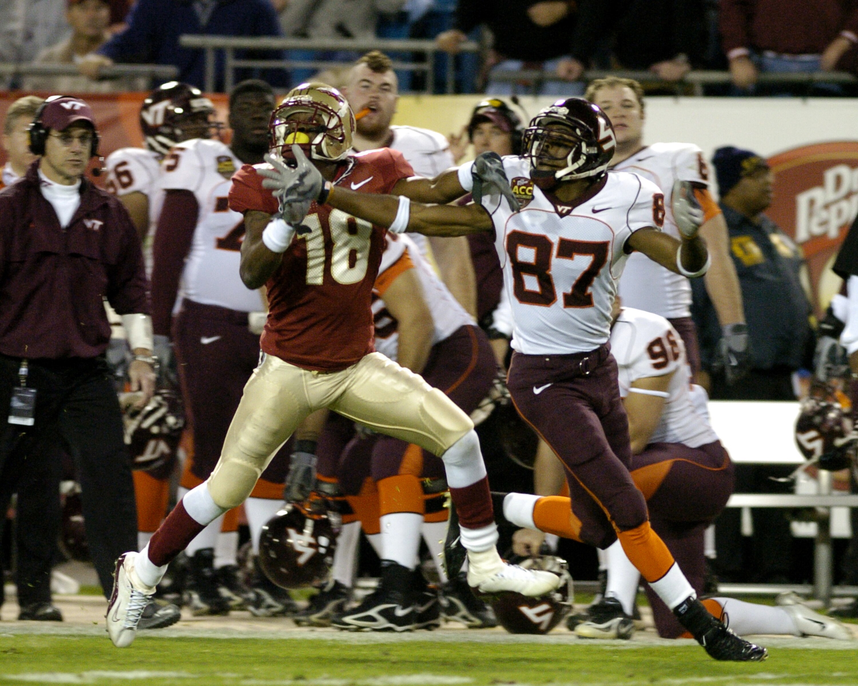 Florida State cornerback J. R. Bryant defends against  Virginia Tech wide receiver David Clowney at the 2005 ACC Football Championship Game in Jacksonville, Flordia on December 3, 2005.  FSU upset the Hokies to win an invitation to the BCC Orange Bowl gam