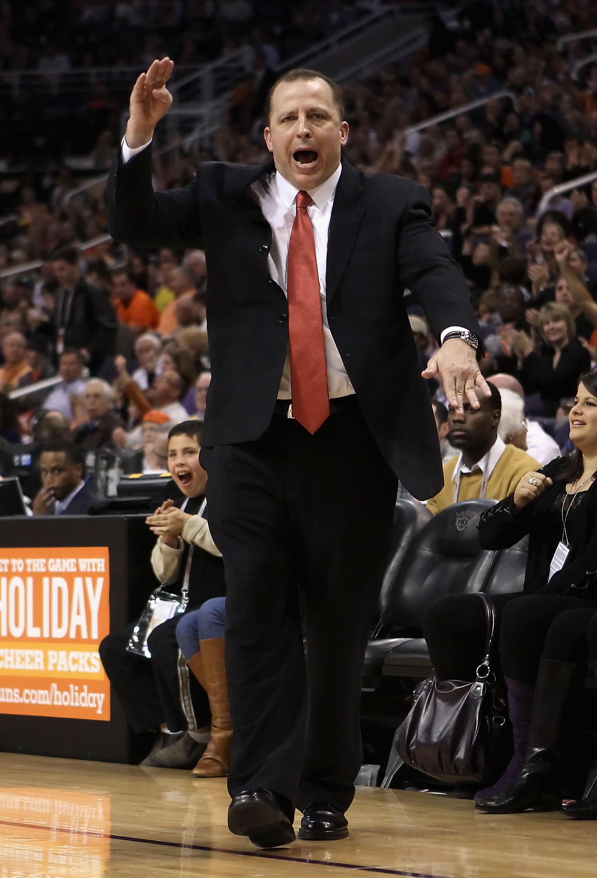 PHOENIX - NOVEMBER 24:  Head coach Tom Thibodeau of the Chicago Bulls reacts during the NBA game against the Phoenix Suns at US Airways Center on November 24, 2010 in Phoenix, Arizona. The Bulls defeated the Suns 123-115 in double overtime.  NOTE TO USER: