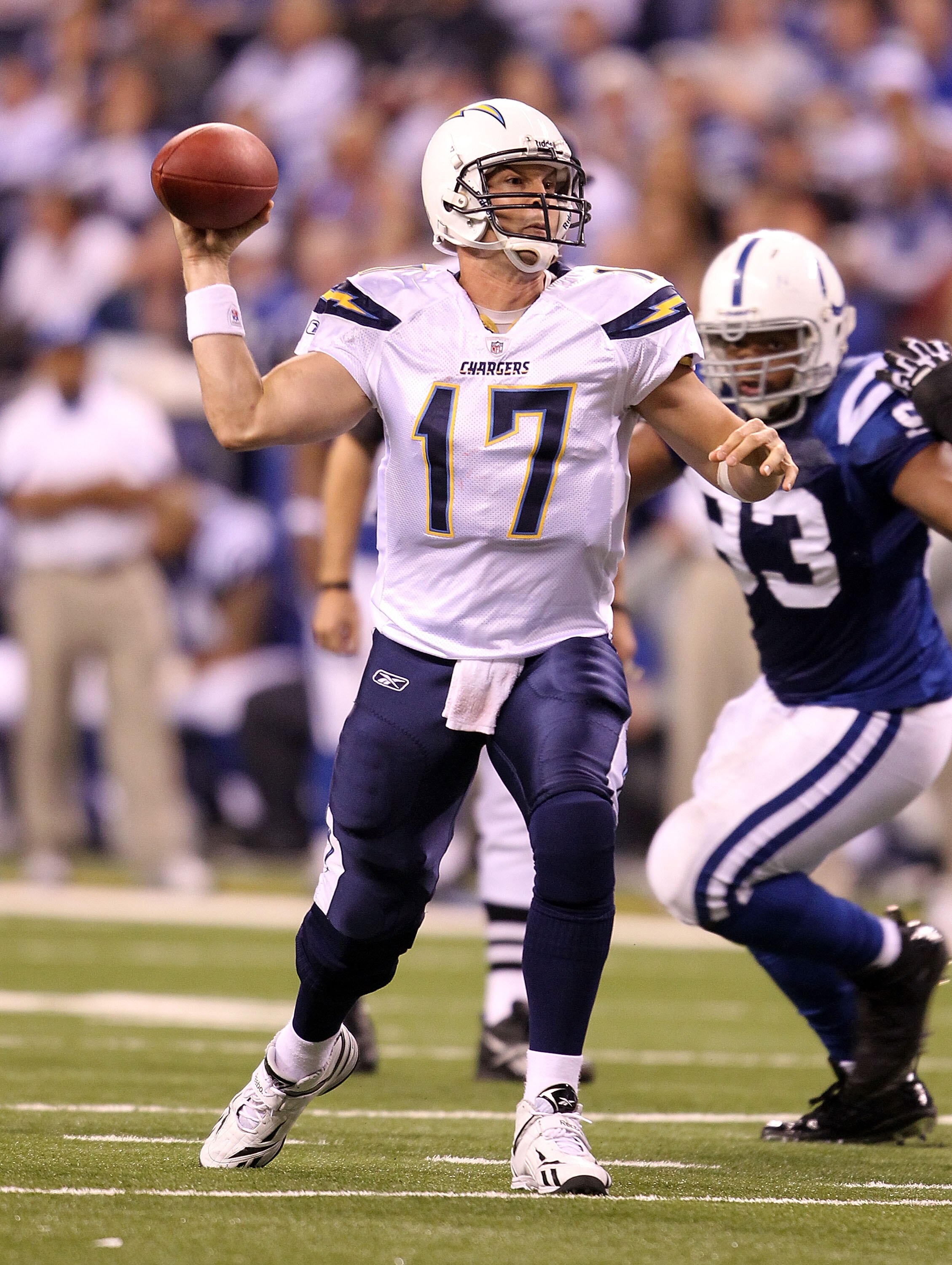 INDIANAPOLIS - NOVEMBER 28:  Philip Rivers #17 of the San Diego Chargers throws a pass during the NFL game against the Indianapolis Colts at Lucas Oil Stadium on November 28, 2010 in Indianapolis, Indiana.  (Photo by Andy Lyons/Getty Images)