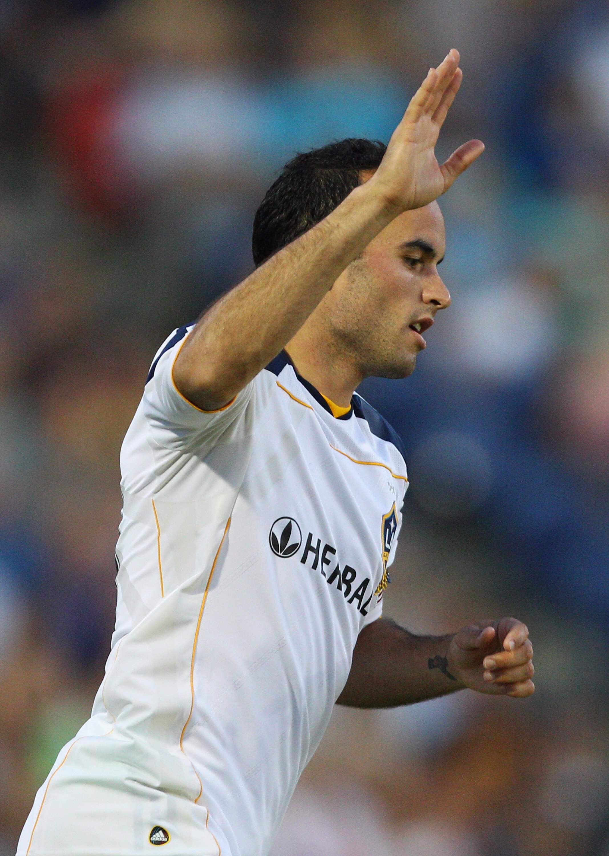NEWCASTLE, AUSTRALIA - NOVEMBER 27:  Landon Donovan of the Galaxy celebrates after he scored a goal during the friendly match between the Newcastle Jets and the LA Galaxy at EnergyAustralia Stadium on November 27, 2010 in Newcastle, Australia.  (Photo by