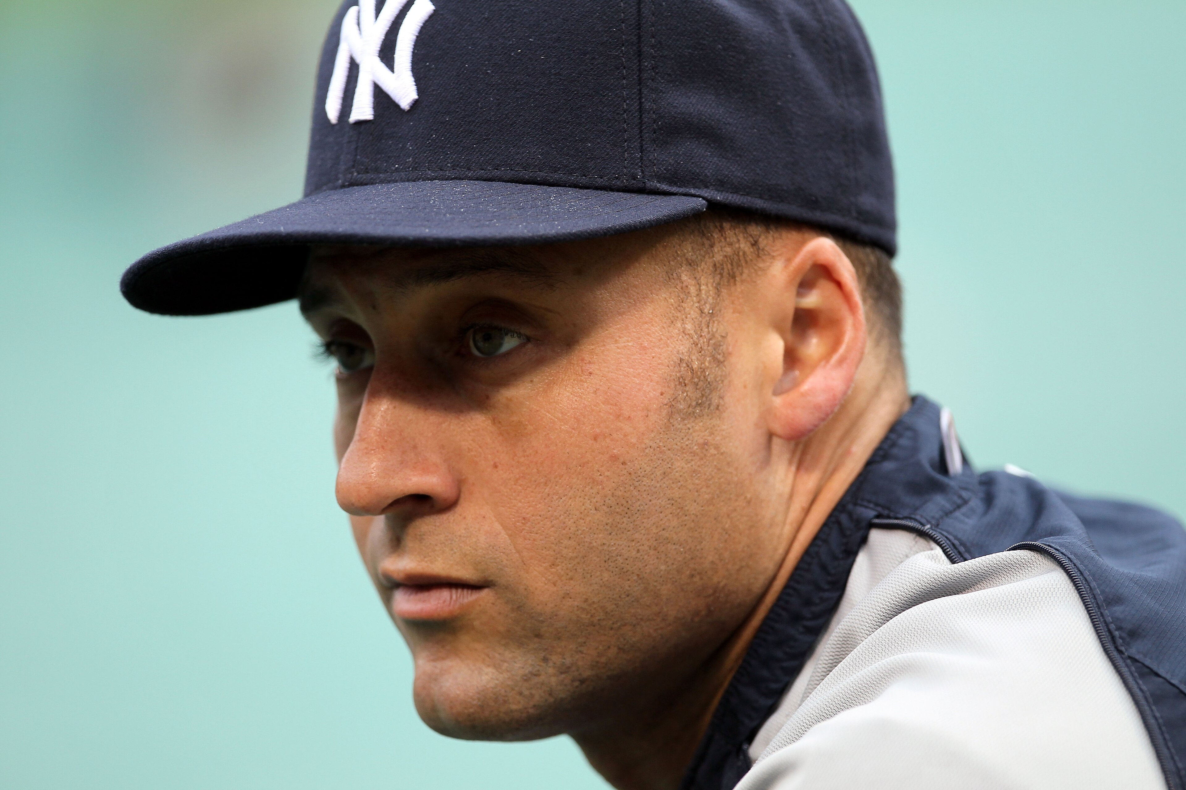 ARLINGTON, TX - OCTOBER 22:  Derek Jeter #2 of the New York Yankees looks on during batting practice against the Texas Rangers in Game Six of the ALCS during the 2010 MLB Playoffs at Rangers Ballpark in Arlington on October 22, 2010 in Arlington, Texas.
