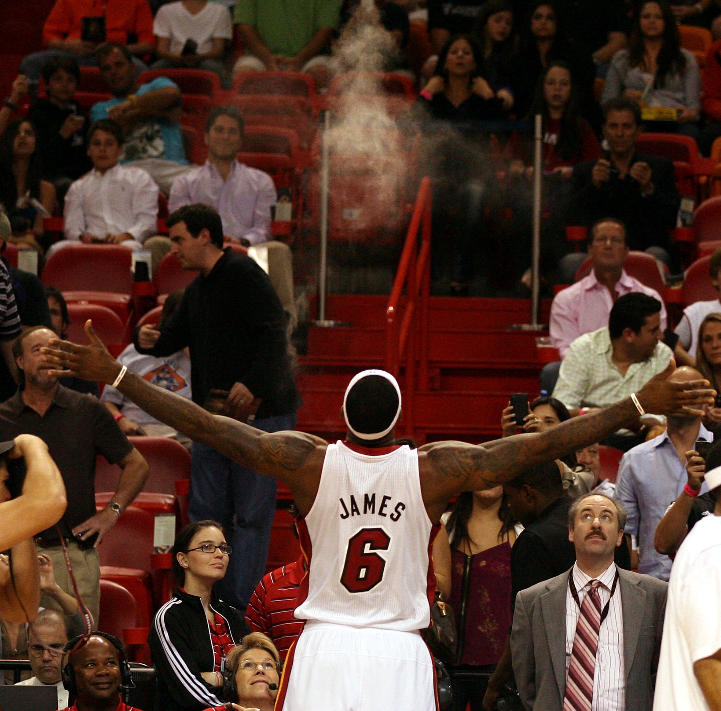 MIAMI - NOVEMBER 26:  Forward LeBron James #6 of the Miami Heat is introduced against the Philadelphia 76ers at American Airlines Arena on November 26, 2010 in Miami, Florida.  (Photo by Marc Serota/Getty Images)