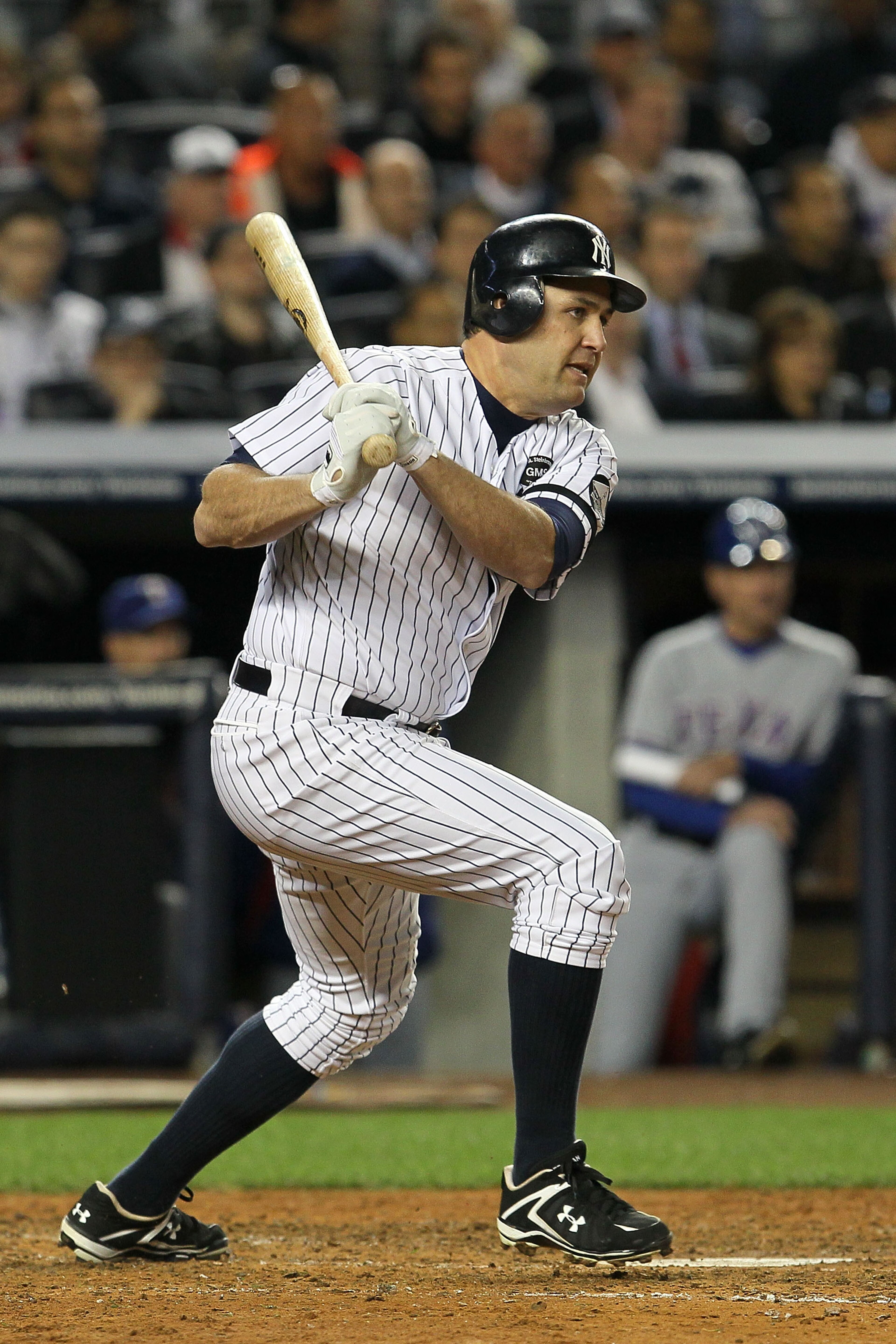 NEW YORK - OCTOBER 19: Lance Berkman #17 of the New York Yankees hits a base hit in the fourth inning against the Texas Rangers in Game Four of the ALCS during the 2010 MLB Playoffs at Yankee Stadium on October 19, 2010 in the Bronx borough of New York C NEW YORK - OCTOBER 19: Lance Berkman #17 of the New York Yankees hits a base hit in the fourth inning against the Texas Rangers in Game Four of the ALCS during the 2010 MLB Playoffs at Yankee Stadium on October 19, 2010 in the Bronx borough of New York C
