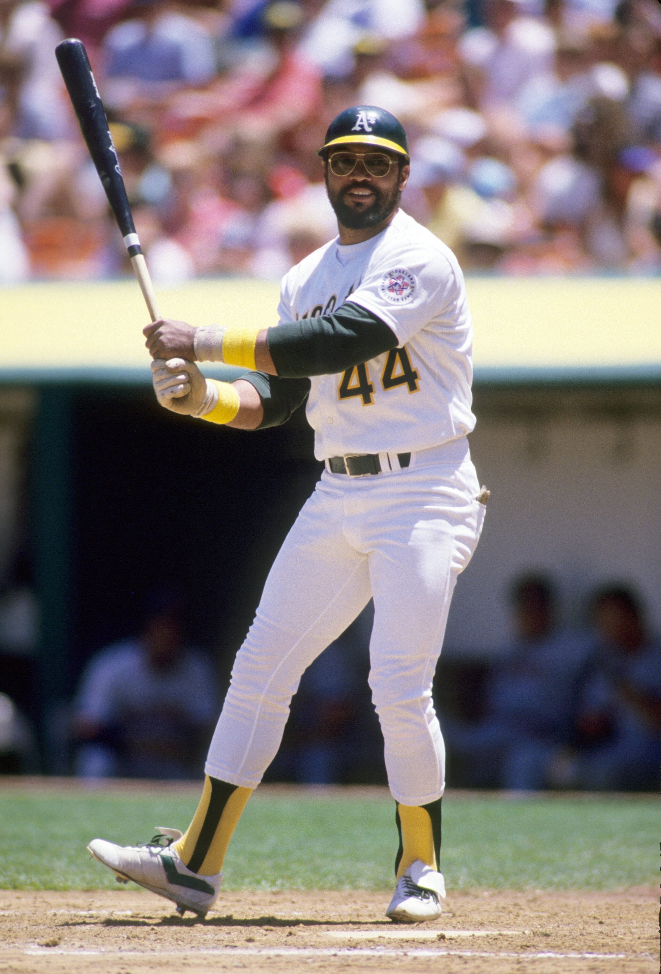 OAKLAND, CA - 1987:  Reggie Jackson #44 of the Oakland Athletics steps to the plate during a 1987 game at Oakland-Alameda County Coliseum in Oakland, California. (Photo by Otto Greule Jr/Getty Images)