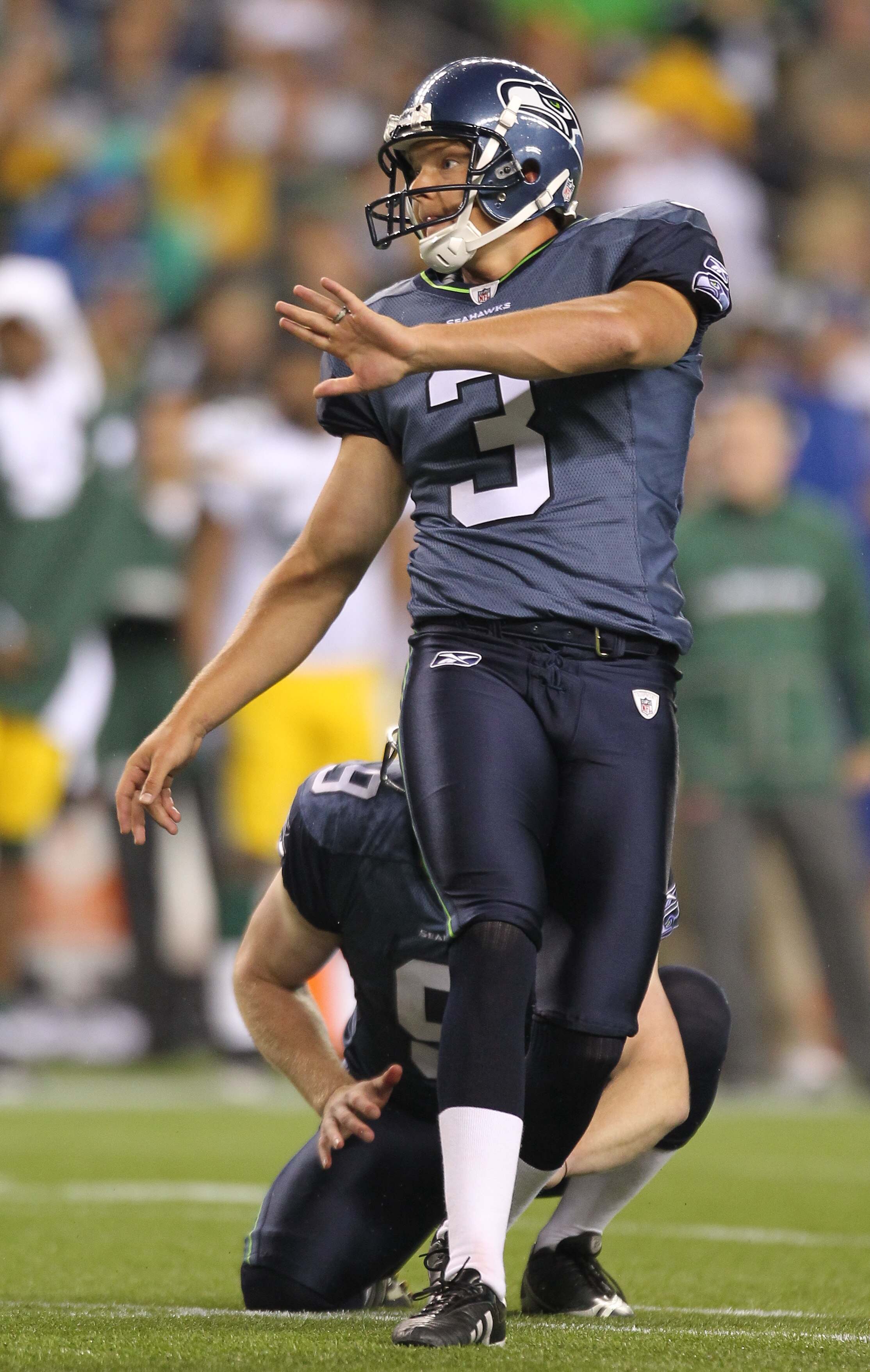 SEATTLE - AUGUST 21:  Kicker Clint Stitser #3 of the Seattle Seahawks kicks a field goal during the preseason game against the Green Bay Packers at Qwest Field on August 21, 2010 in Seattle, Washington. (Photo by Otto Greule Jr/Getty Images)