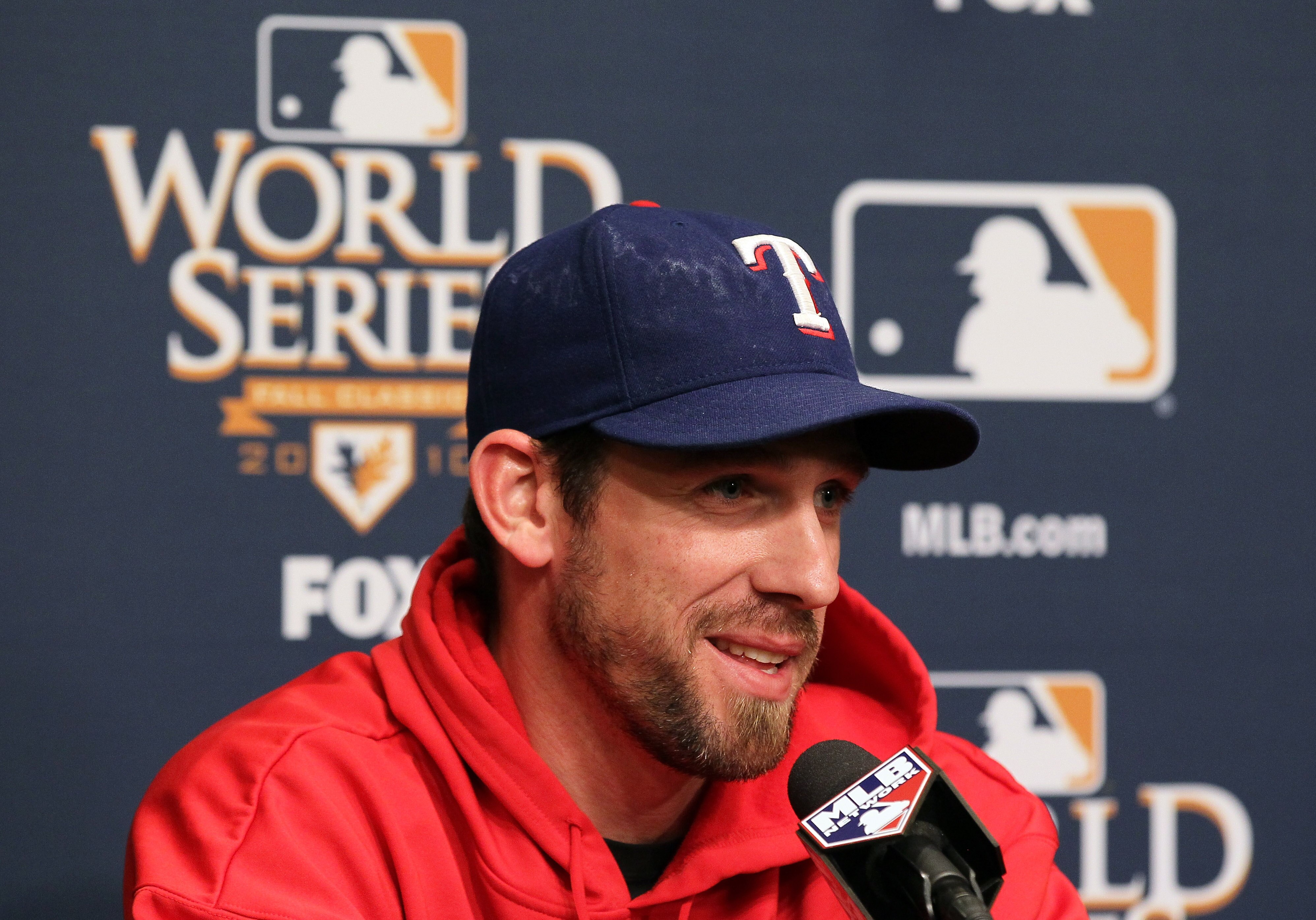 SAN FRANCISCO - OCTOBER 26:  Texas Rangers starting pitcher Cliff Lee speaks to reporters at AT&T Park on October 26, 2010 in San Francisco, California.  The San Francisco Giants will face the Texas Rangers in the first game of the World Series on Wednesd