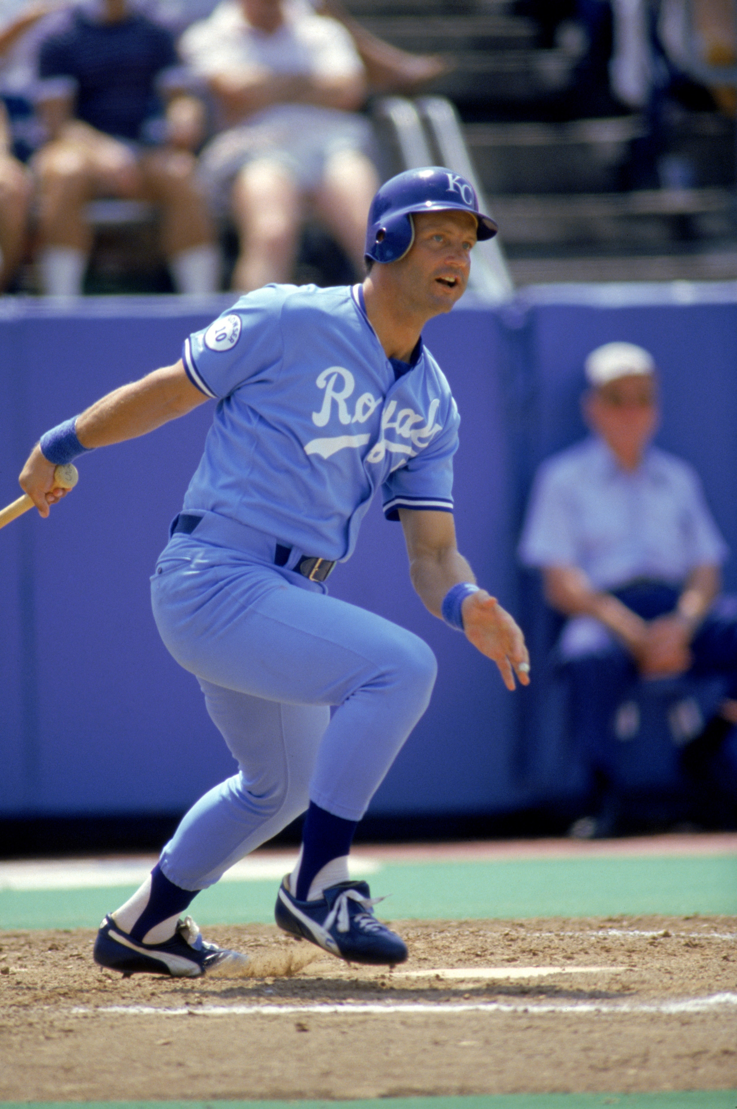 JULY - 1987:  George Brett #5 of the Kansas City Royals watches the flight of the ball as he follows through on his swing during a game in July of 1987.  (Photo by Gray Mortimore/Getty Images)