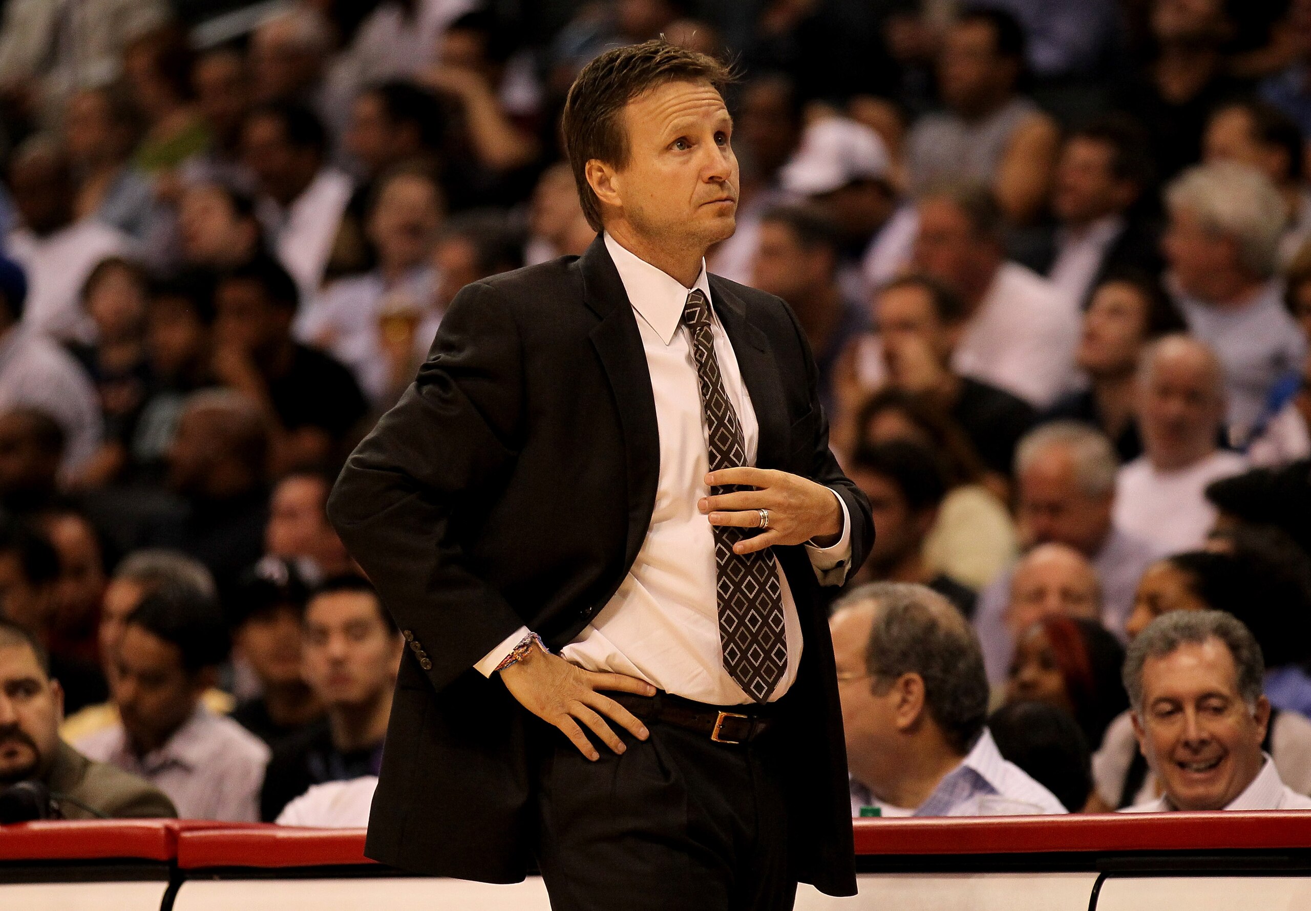 LOS ANGELES - NOVEMBER 3:  Head coach Scott Brooks of the Oklahoma City Thunder reacts during the game with the Los Angeles Clippers at Staples Center on November 3, 2010 in Los Angeles, California.  NOTE TO USER: User expressly acknowledges and agrees th