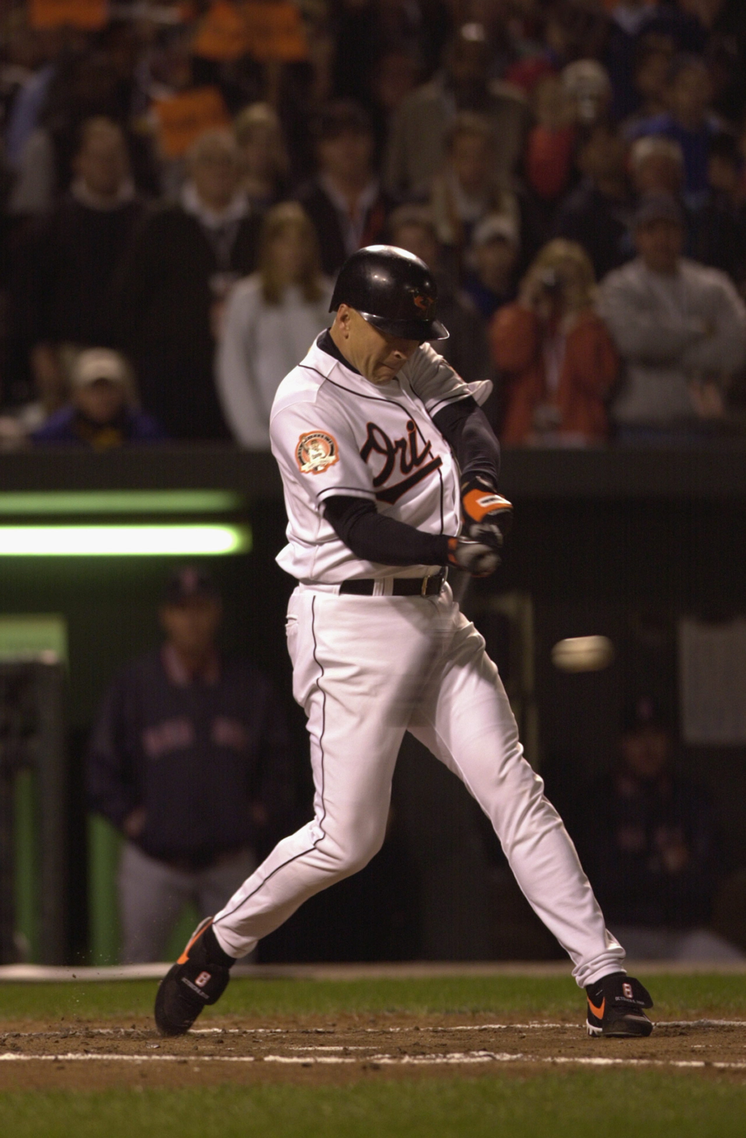 BALTIMORE - OCTOBER 6:  On the 3001st and final game of his career, Cal Ripken Jr. #8 of the Baltimore Orioles swings at a Boston Red Sox pitch, at Camden Yards in Baltimore, Maryland. The Red Sox won, 2-0.  (Photo by: Doug Pensinger/Getty Images)