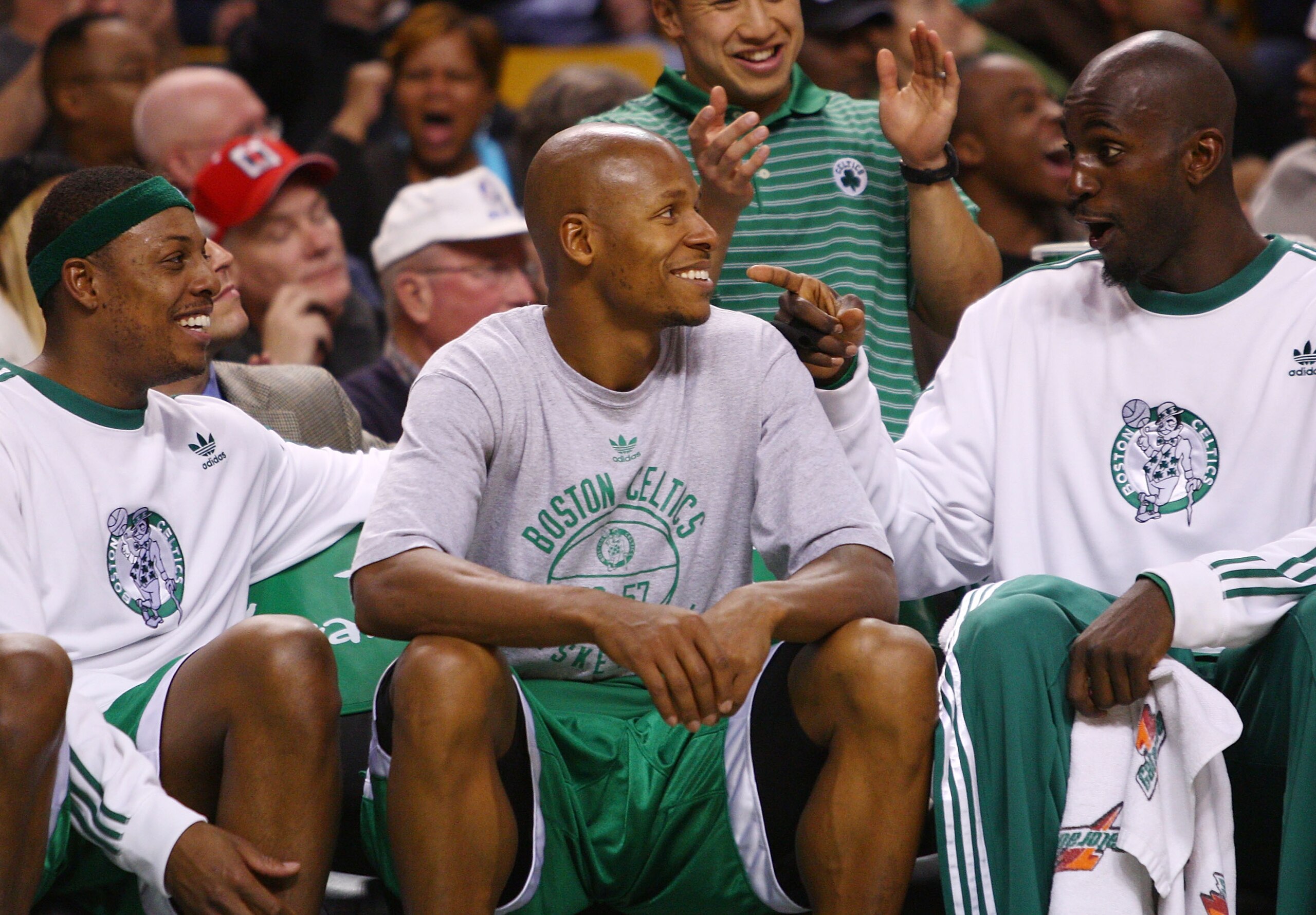 BOSTON - DECEMBER 07:   Paul Pierce #34, Ray Allen #20 and Kevin Garnett #5 of the Boston Celtics tries have fun on the bench in the fourth quarter against the Toronto Raptors on December 7, 2007 at the TD Banknorth Garden in Boston, Massachusetts. The Bo