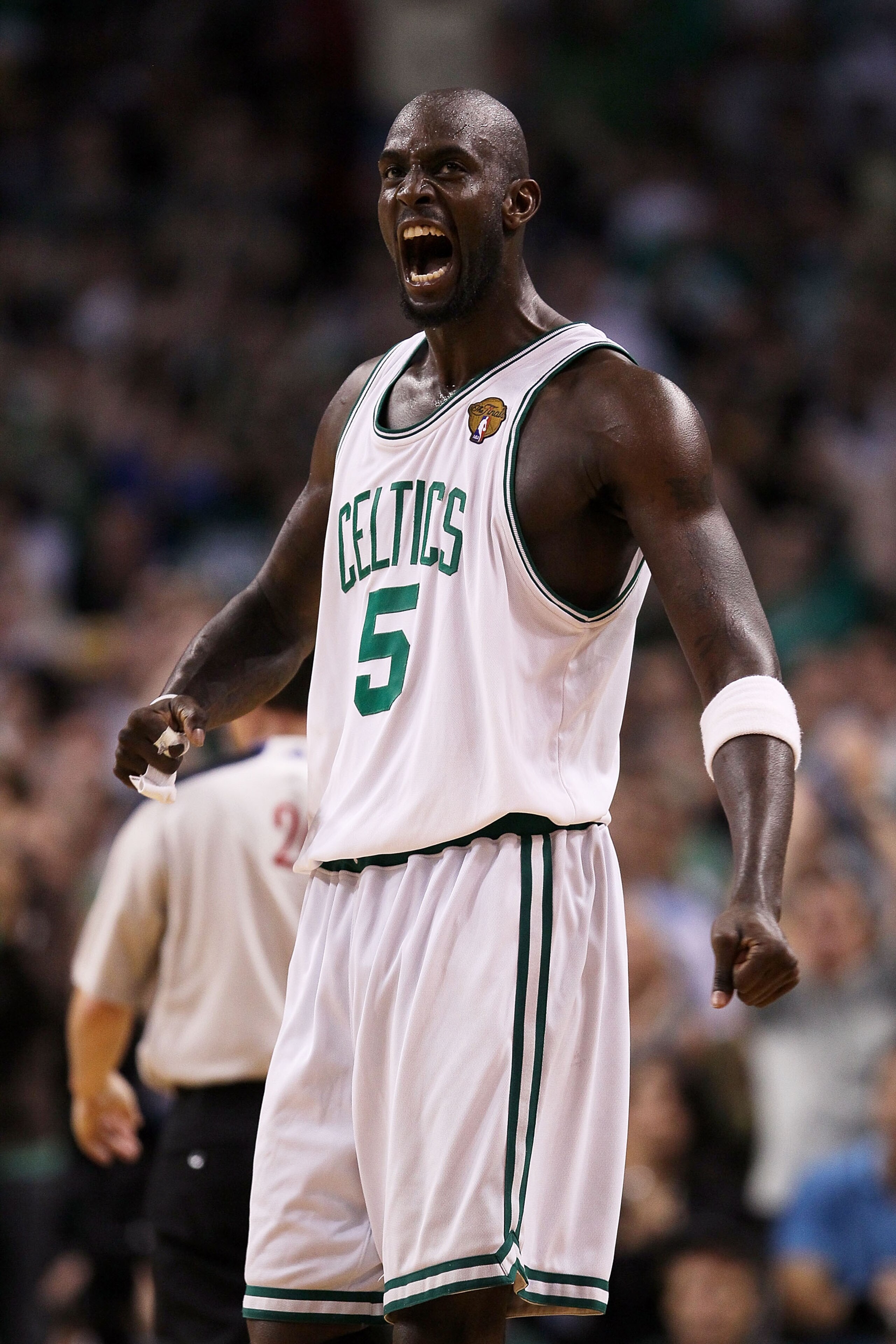 BOSTON - JUNE 13:  Kevin Garnett #5 of the Boston Celtics celebrates after a play in the third quarter against the Los Angeles Lakers during Game Five of the 2010 NBA Finals on June 13, 2010 at TD Garden in Boston, Massachusetts. NOTE TO USER: User expres