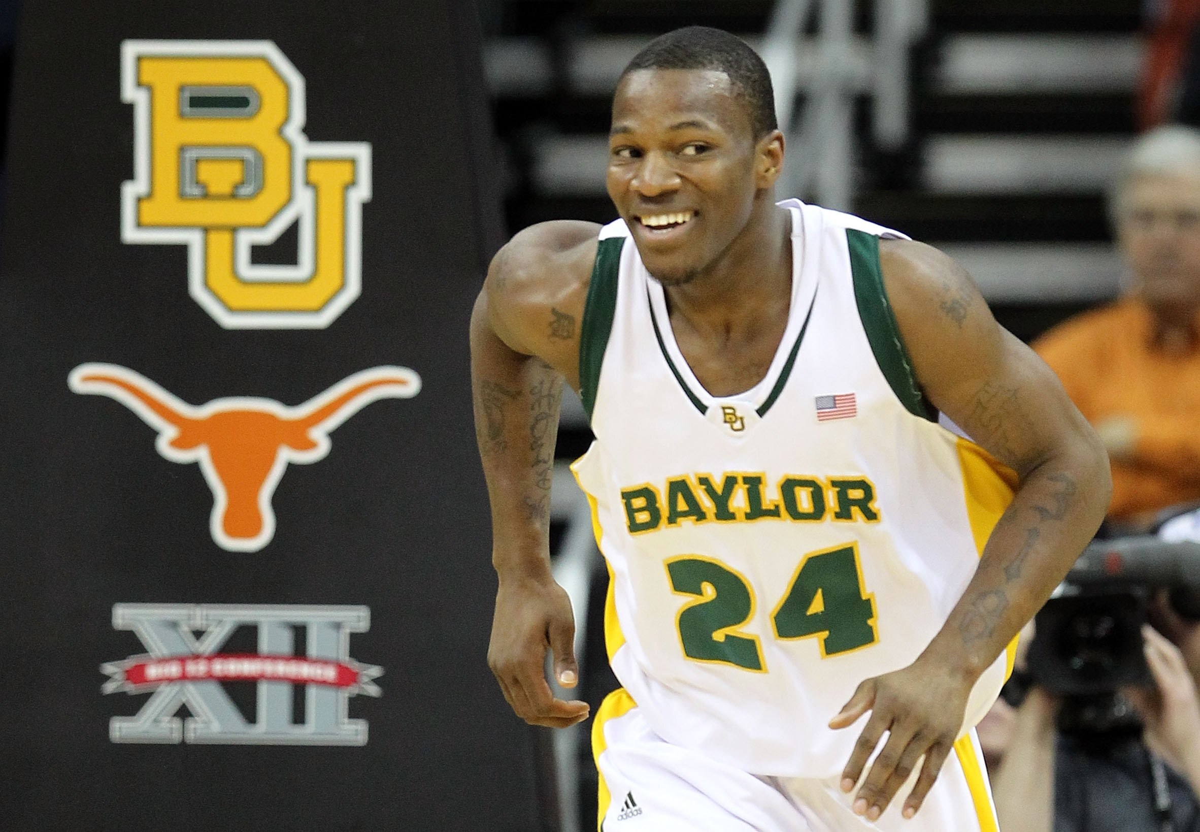 KANSAS CITY, MO - MARCH 11:  LaceDarius Dunn #24 of the Baylor Bears smiles during the quarterfinals of the 2010 Phillips 66 Big 12 Men's Basketball Tournament against the Texas Longhorns at the Sprint Center on March 11, 2010 in Kansas City, Missouri.  (