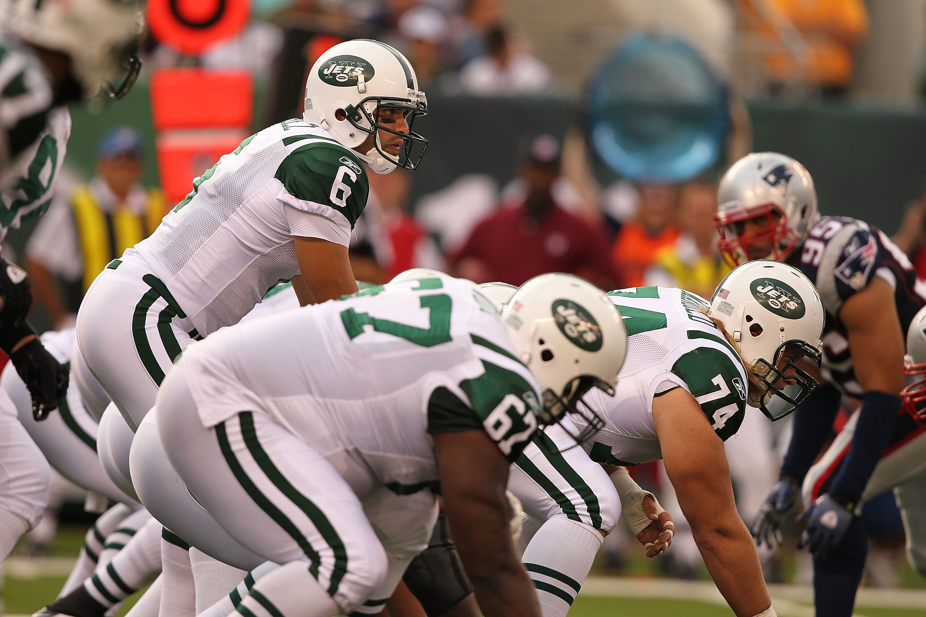 EAST RUTHERFORD, NJ - SEPTEMBER 19:  Mark Sanchez #6 of the New York Jets in action against the New England Patriots during their  game on September 19, 2010 at the New Meadowlands Stadium  in East Rutherford, New Jersey.  (Photo by Al Bello/Getty Images)