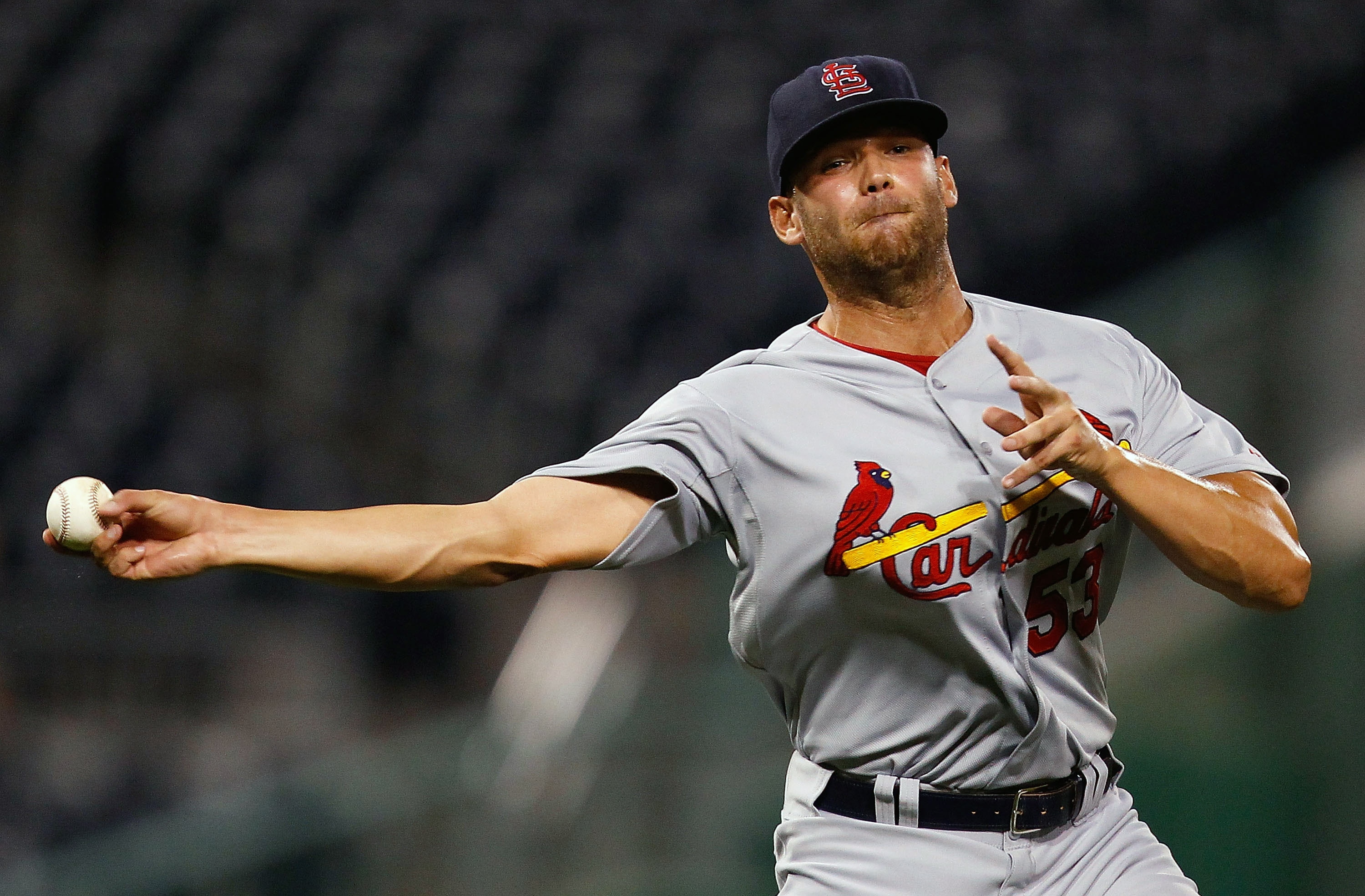PITTSBURGH - AUGUST 25:  Blake Hawksworth #53 of the St Louis Cardinals throws to first base after knocking a ball down with his glove during the game against the Pittsburgh Pirates on August 25, 2010 at PNC Park in Pittsburgh, Pennsylvania.  (Photo by Ja
