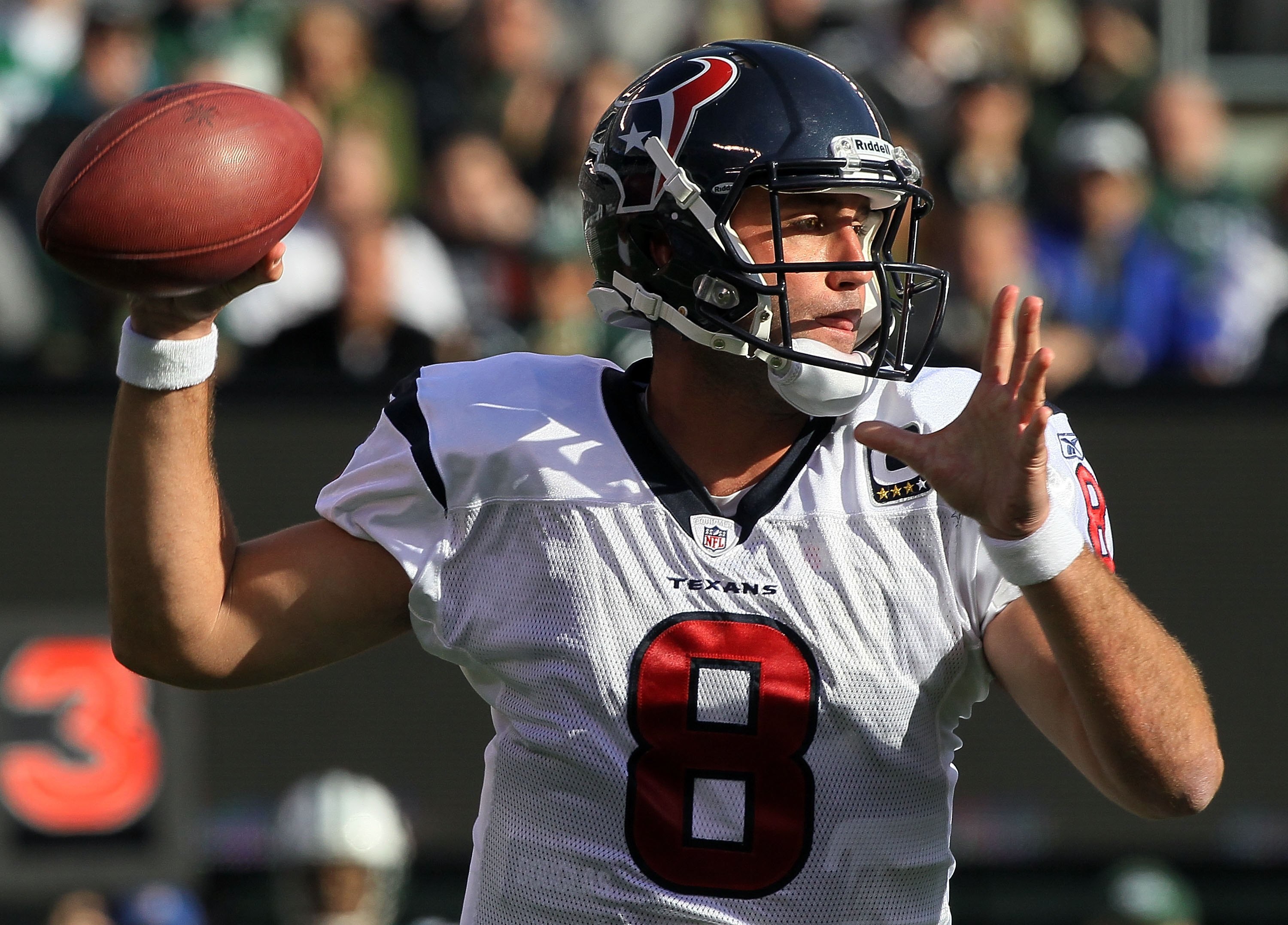 EAST RUTHERFORD, NJ - NOVEMBER 21:  Matt Schaub #8 of the Houston Texans in action against the New York Jets on November 21, 2010 at the New Meadowlands Stadium in East Rutherford, New Jersey.  (Photo by Jim McIsaac/Getty Images)