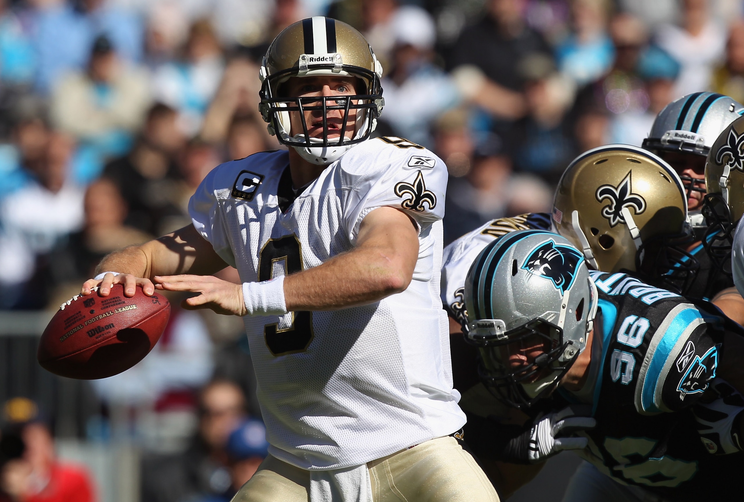 CHARLOTTE, NC - NOVEMBER 07:  Drew Brees #9 of the New Orleans Saints against the Carolina Panthers during their game at Bank of America Stadium on November 7, 2010 in Charlotte, North Carolina.  (Photo by Streeter Lecka/Getty Images)