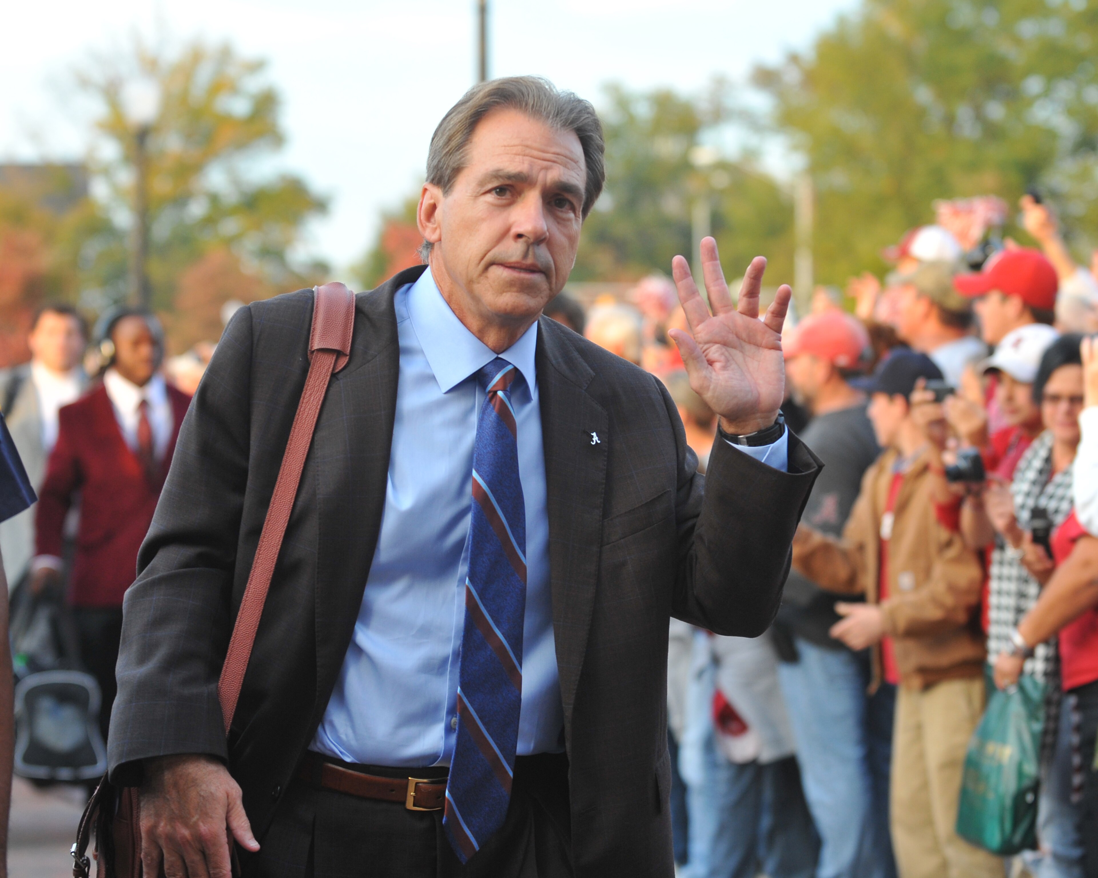 TUSCALOOSA, AL - NOVEMBER 13: Coach Nick Saban of the Alabama Crimson Tide enters the stadium before play against the Mississippi State Bulldogs November 13, 2010 at Bryant-Denny Stadium in Tuscaloosa, Alabama. (Photo by Al Messerschmidt/Getty Images) TUSCALOOSA, AL - NOVEMBER 13: Coach Nick Saban of the Alabama Crimson Tide enters the stadium before play against the Mississippi State Bulldogs November 13, 2010 at Bryant-Denny Stadium in Tuscaloosa, Alabama. (Photo by Al Messerschmidt/Getty Images)