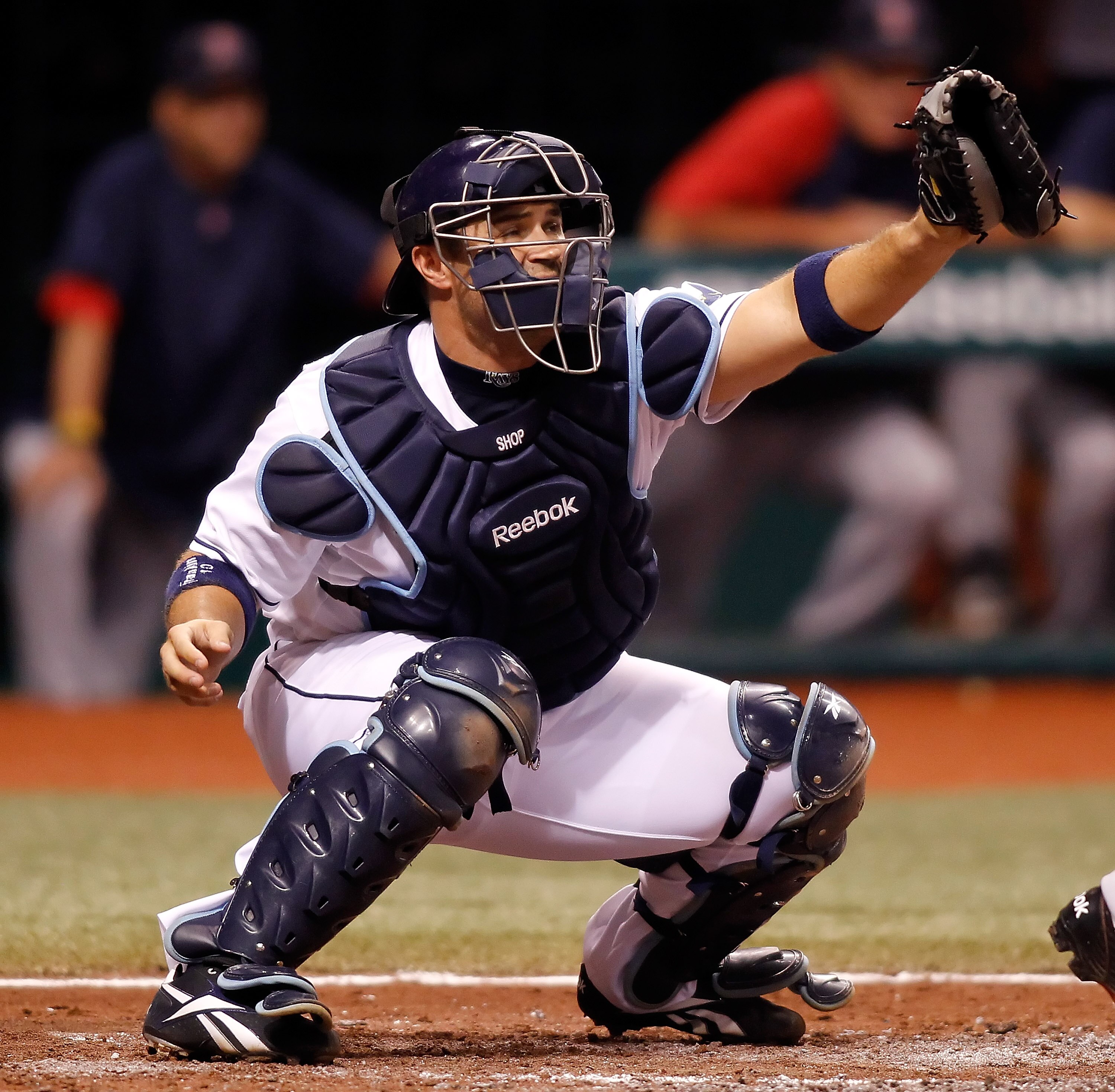 ST. PETERSBURG - AUGUST 27:  Catcher Kelly Shoppach #10 of the Tampa Bay Rays goes up for a pitch against the Boston Red Sox during the game at Tropicana Field on August 27, 2010 in St. Petersburg, Florida.  (Photo by J. Meric/Getty Images)