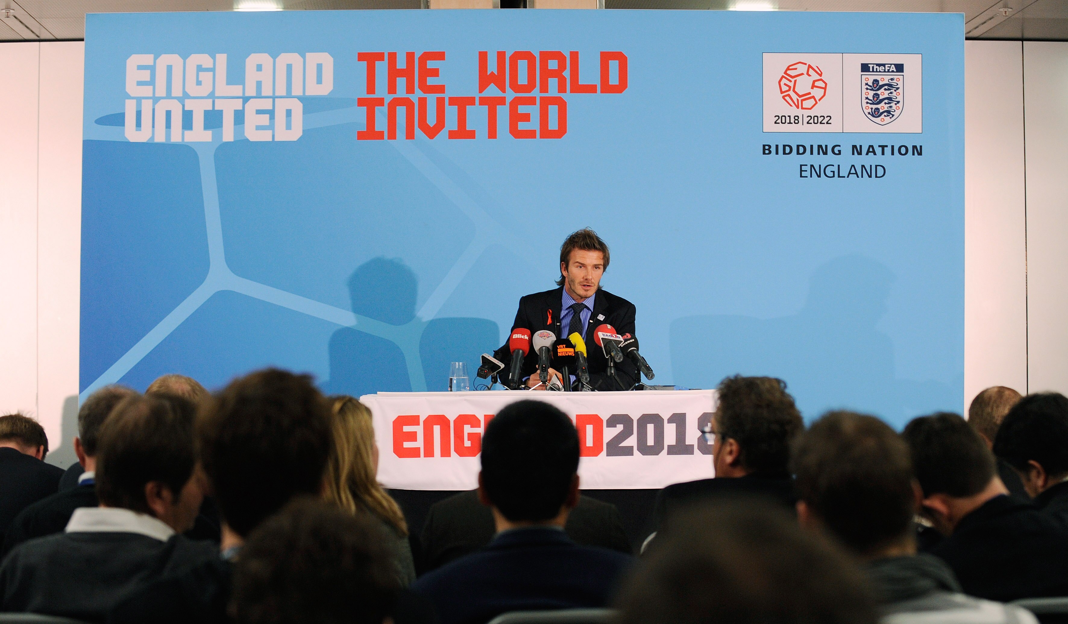 ZURICH, SWITZERLAND - DECEMBER 01:  David Beckham speaks to the media during an England press conference ahead of the FIFA World Cup 2018 host countries annoucement at the Swissotel on December 1, 2010 in Zurich, Switzerland.  (Photo by Michael Regan/Gett