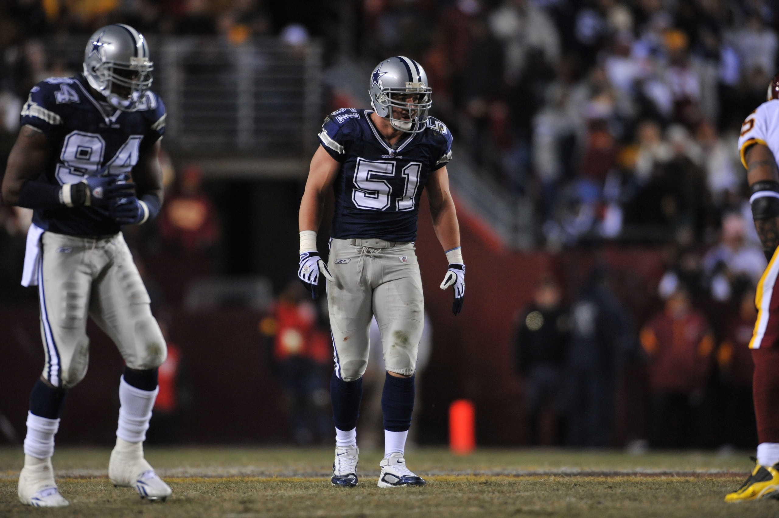 LANDOVER, MD - DECEMBER 27:  Keith Brooking #51 of the Dallas Cowboys defends against the Washington Redskins at FedExField on December 27, 2009 in Landover, Maryland. The Cowboys defeated the Redskins 17-0. (Photo by Larry French/Getty Images)