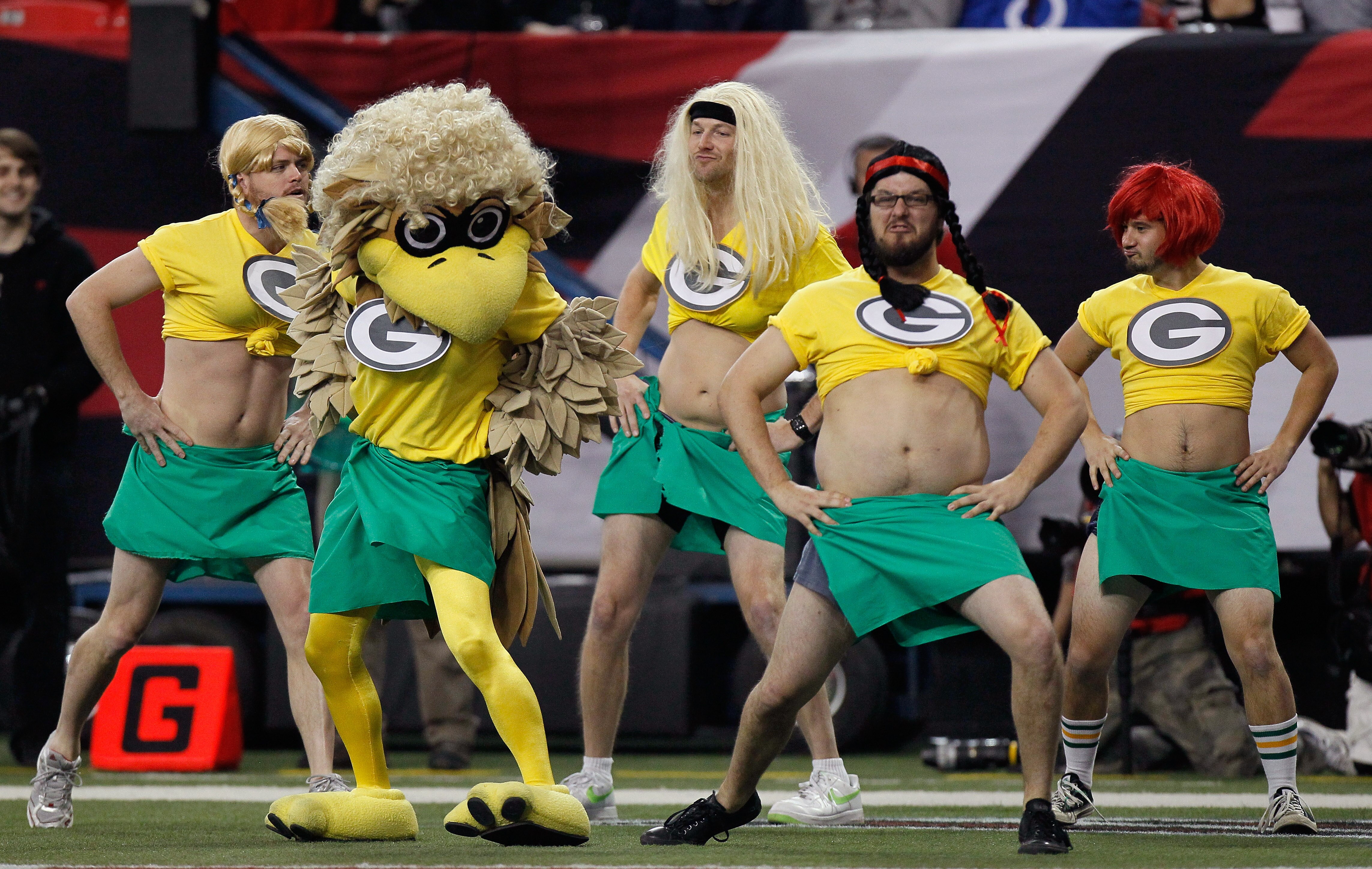 ATLANTA - NOVEMBER 28:  Freddie the Falcon, mascot of the Atlanta Falcons, performs a parody of the cheerleaders for the Green Bay Packers during the game at Georgia Dome on November 28, 2010 in Atlanta, Georgia.  (Photo by Kevin C. Cox/Getty Images)