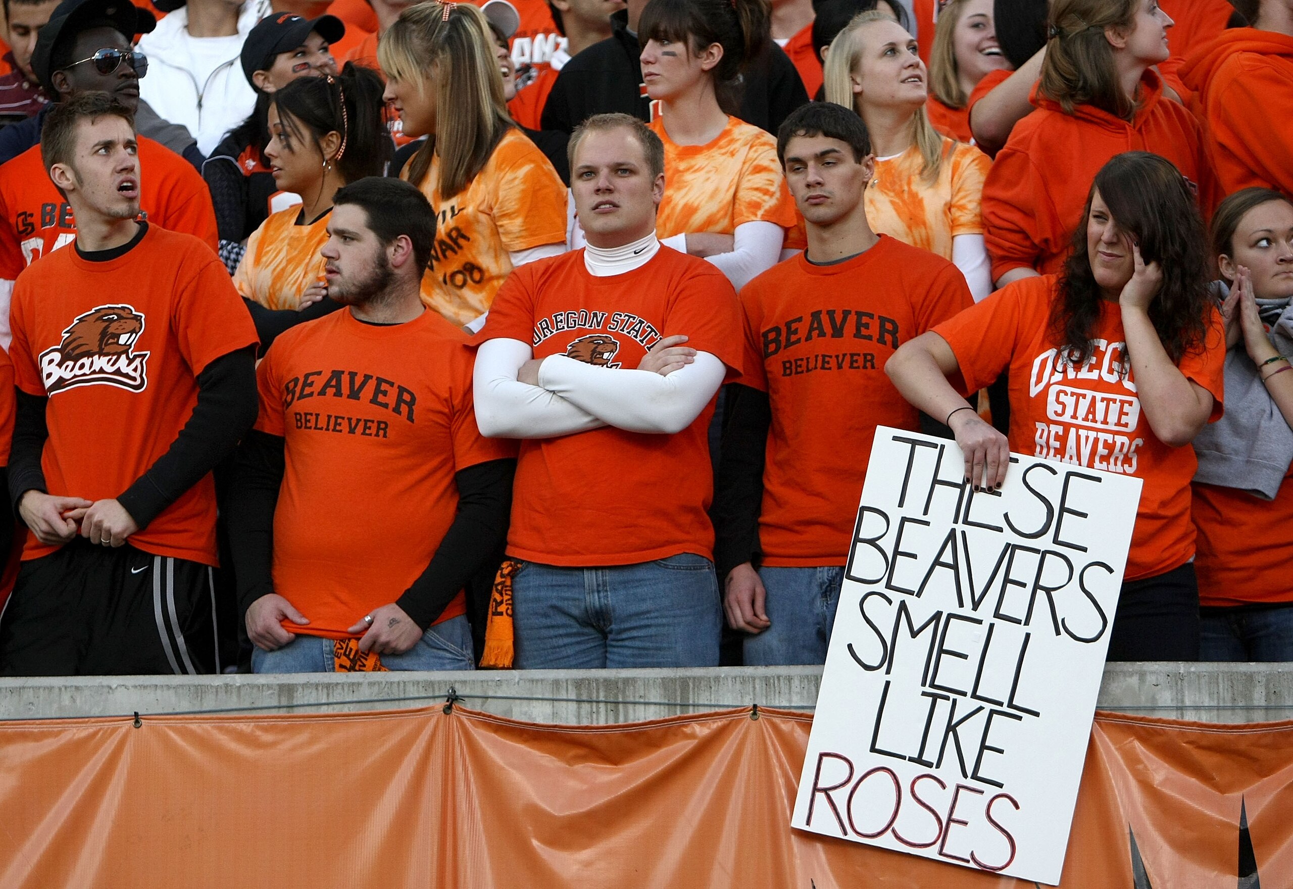 CORVALLIS, OR - NOVEMBER 29:  Oregon State Beaver fans show their dejection as they fall behind to  of the Oregon Ducks at Reser Stadium on November 29, 2008 in Corvalis, Oregon.  (Photo by Jonathan Ferrey/Getty Images)