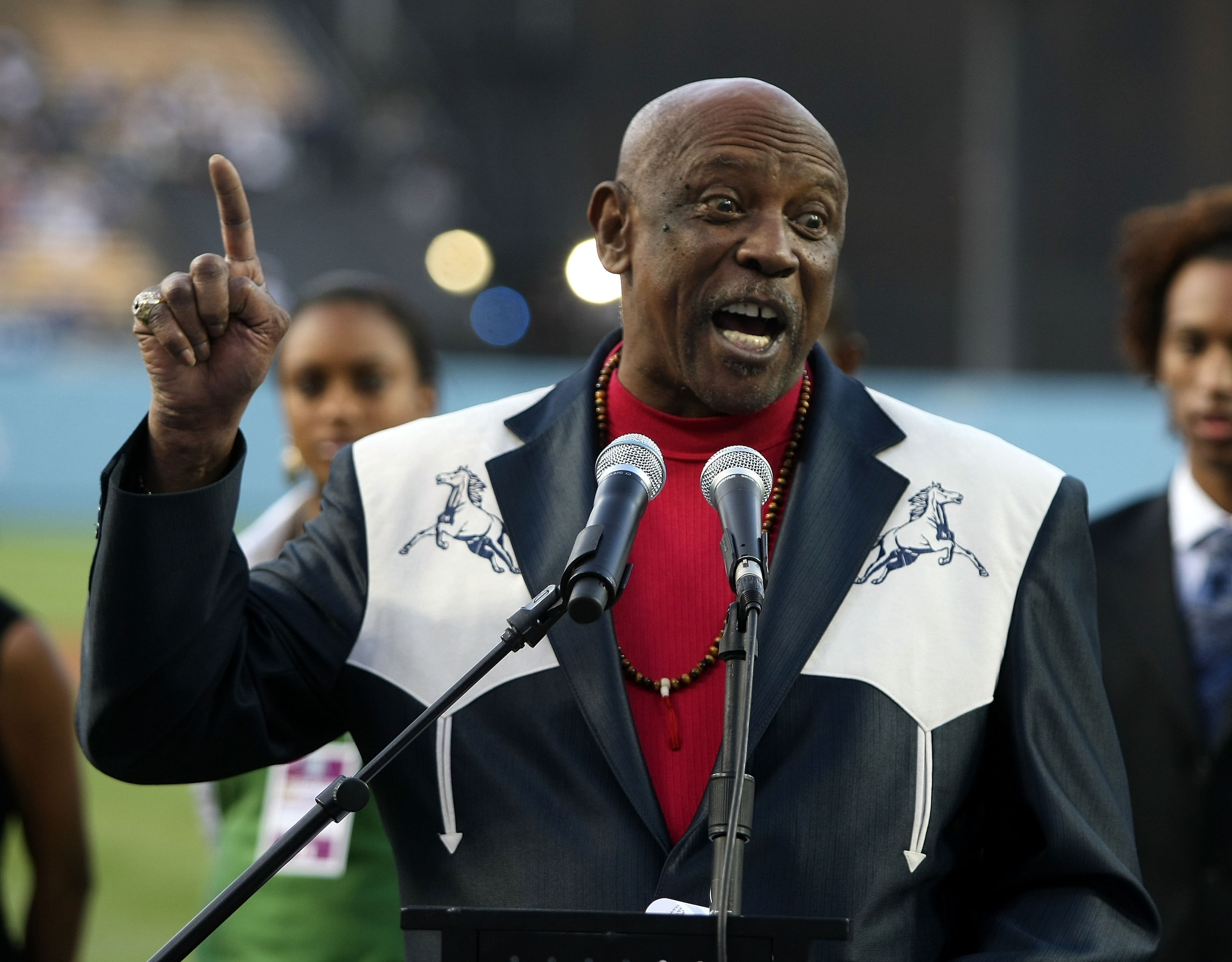 LOS ANGELES, CA - APRIL 15:  Actor  Louis Gossett, Jr. speaks as master of ceremonies honoring Jackie Robinson before the game between the Los Angeles Dodgers and the Pittsburgh Pirates on April 15,2008 at Dodger Stadium in Los Angeles, California.  (Phot