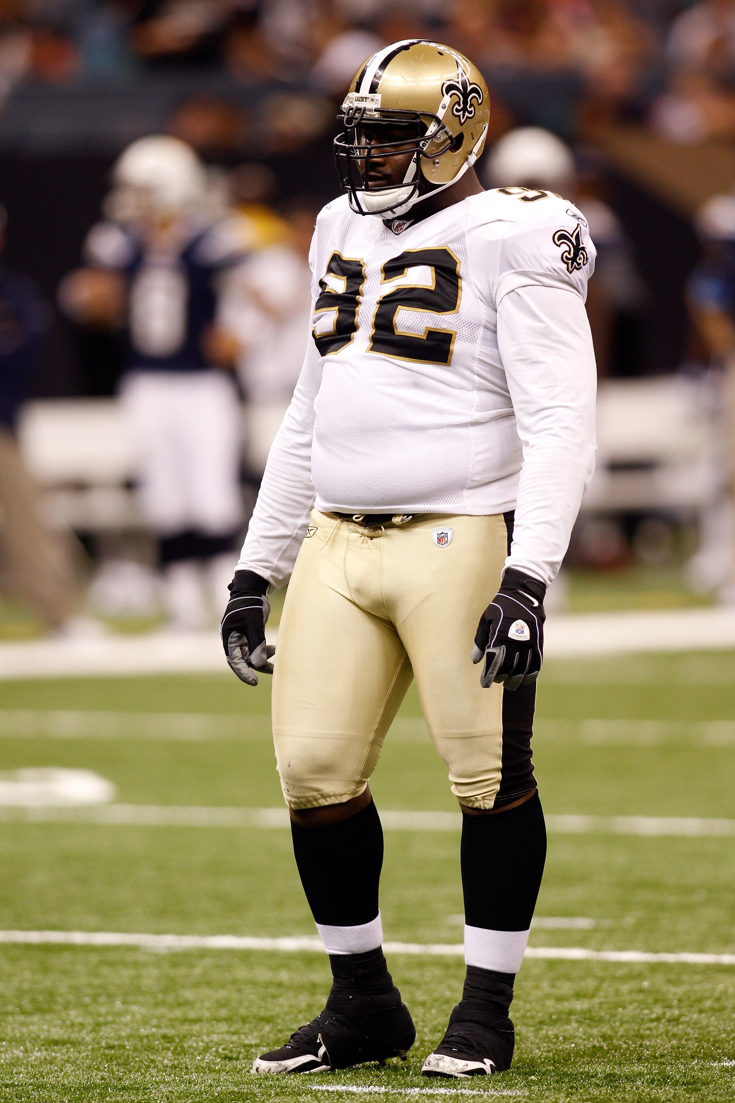 NEW ORLEANS - AUGUST 27:  Remi Ayodele #92 of the New Orleans Saints in action against the San Diego Chargers at the Louisiana Superdome on August 27, 2010 in New Orleans, Louisiana.  (Photo by Chris Graythen/Getty Images)