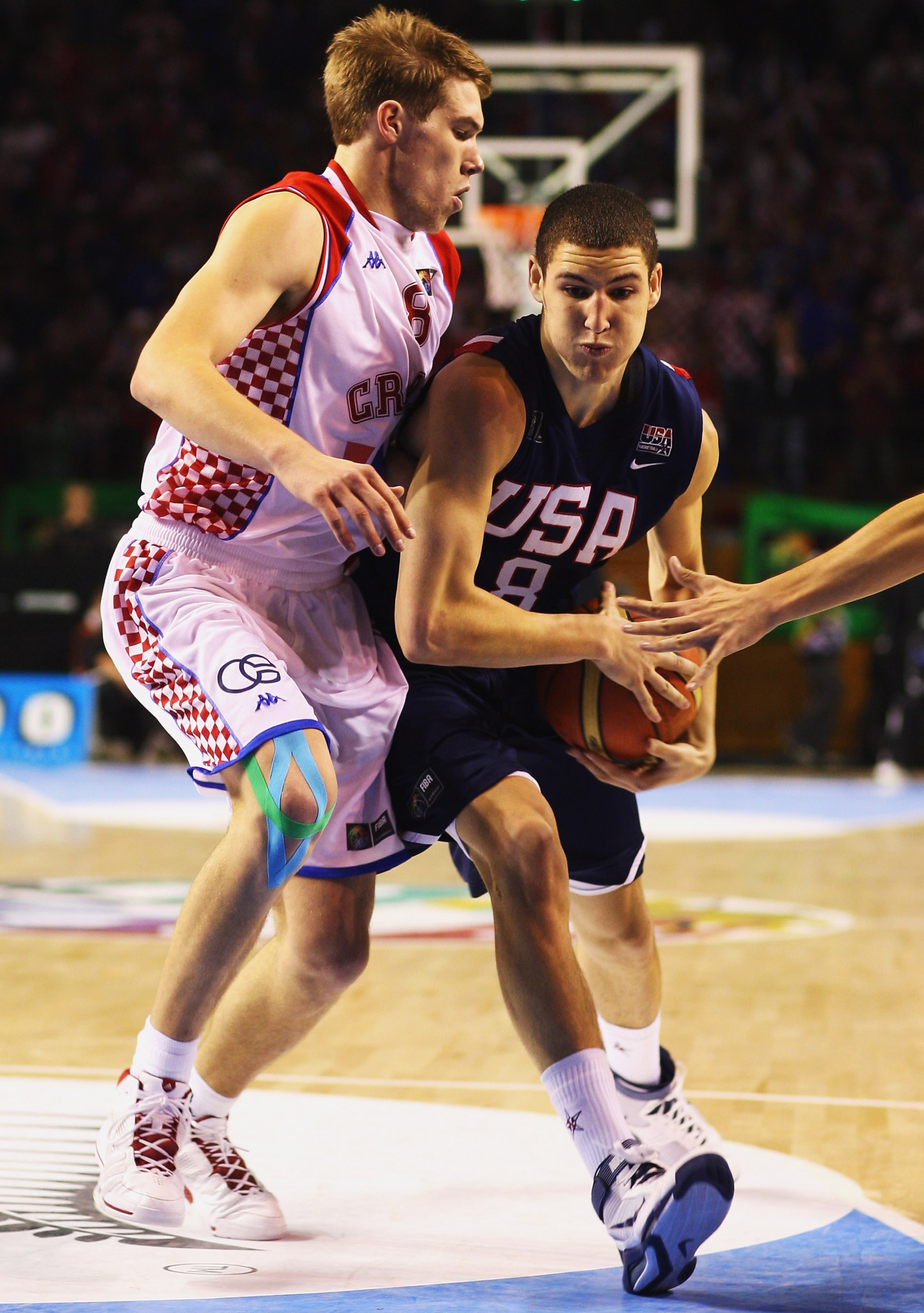 AUCKLAND, NEW ZEALAND - JULY 11:  Klay Thompson of the USA is put under pressure from Sime Olivari of Croatia during the U19 Basketball World Championships Semi-Final match between Croatia and the United States of America at North Shore Events Centre on J